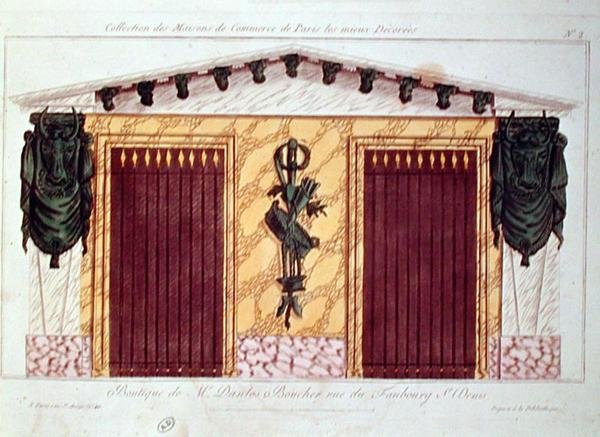 Design för fasaden till en slakteri, från en serie som visar de bäst dekorerade affärsbyggnaderna i Paris, ca 1810 (färglitografi) av French School