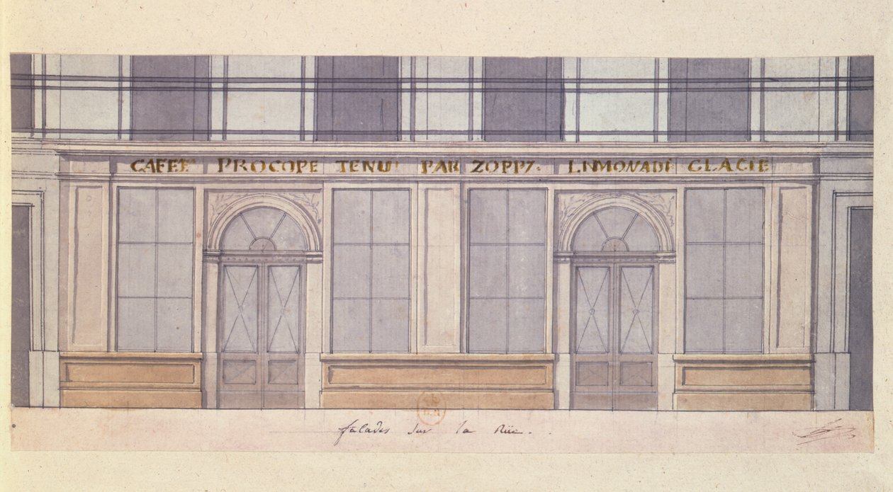 Design för fasaden på Cafe Procope, tidigt 1800-tal (penna & bläck och wc på papper) av French School