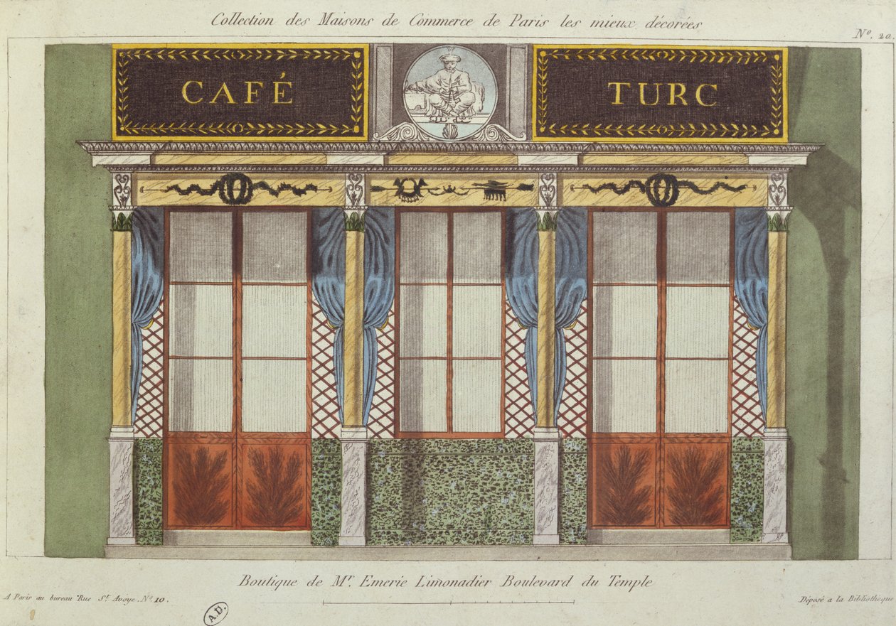 Design för fasaden på Cafe Turc, från en serie som visar de bäst dekorerade kommersiella byggnaderna i Paris, ca 1810 av French School