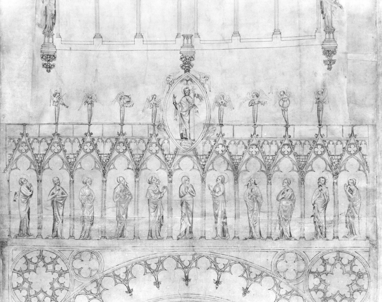 Design för kungagalleriet på fasaden av Strasbourgs katedral, ca 1380 (penna & bläck & gouache på papper) (detalj) (se 207686) av French School