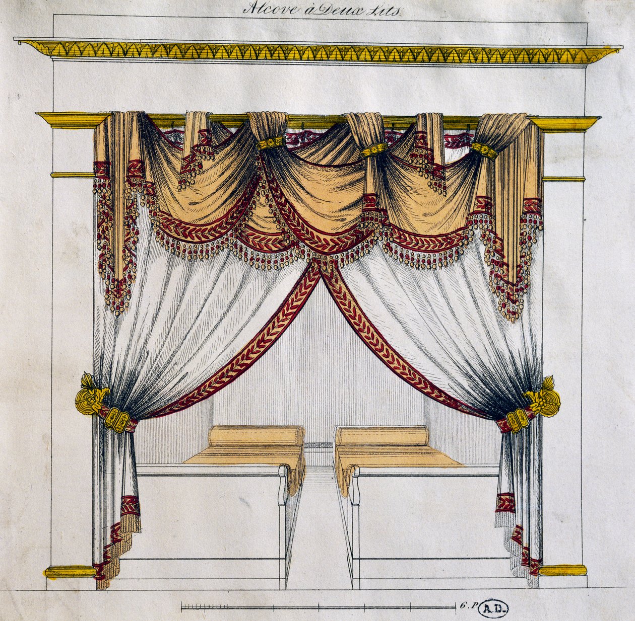 Design av alkov med två sängar (First Empire period), illustration, Frankrike av French School