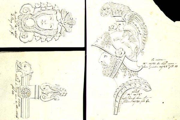 Motiv för möbelfästen i brons ormolu, c.1825 (penna och bläck på papper) av French School