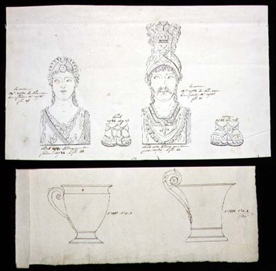 Design för förgylld brons ormolu möbelfästen och franska imperiets porslinsmuggar, ca 1820 (penna och bläck på papper) av French School