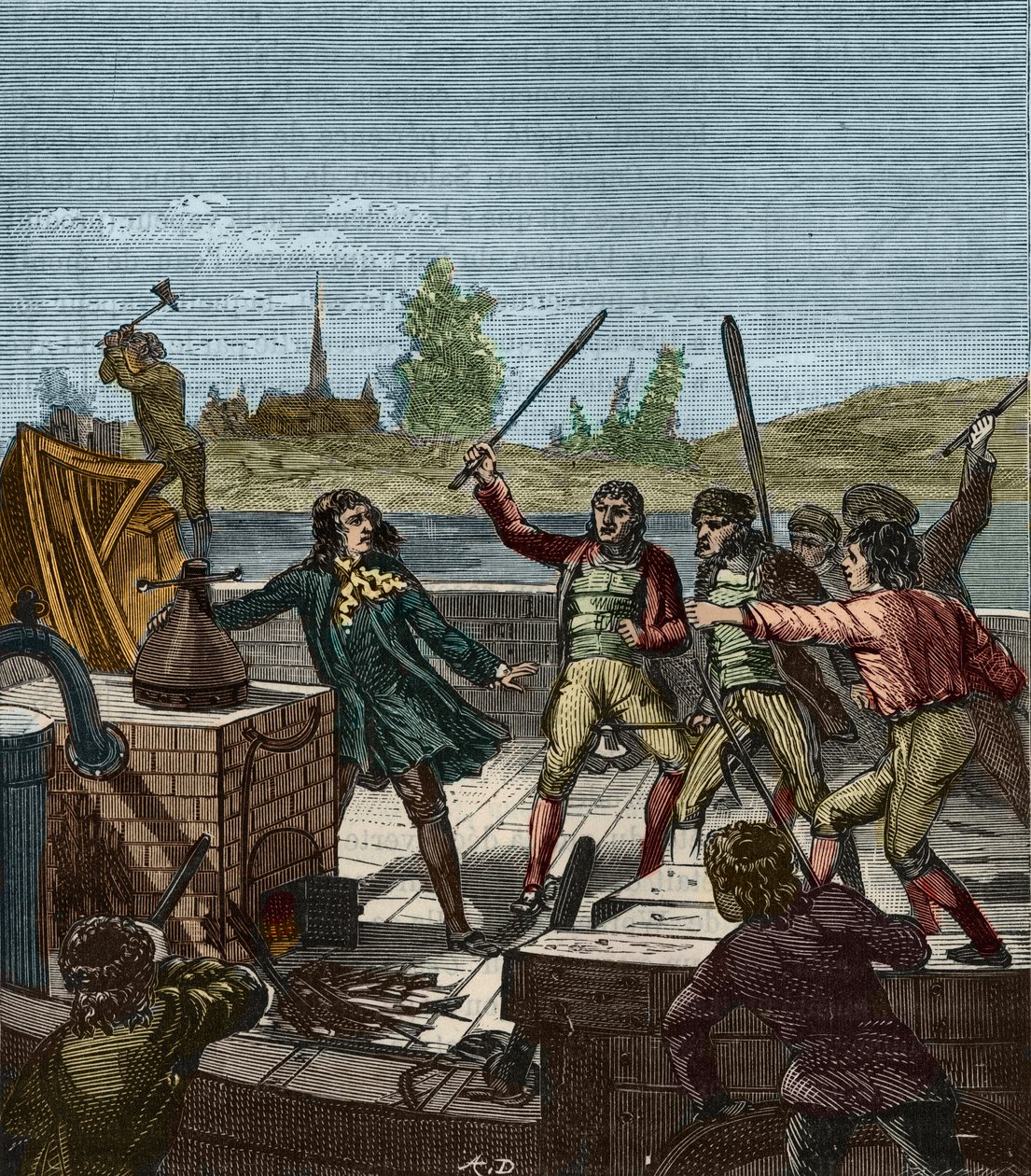 Förstörelse av Papins ångbåt - Denis Papin (1647-1712) ser sin hjulångare förstöras av båtsmännen i Muenden 1707 - Les Bateliers de Munden krossa ångbåten av Denis Papin (1647-1712) - Gravyr i "" Vetenskaper på plats av allt - av French School