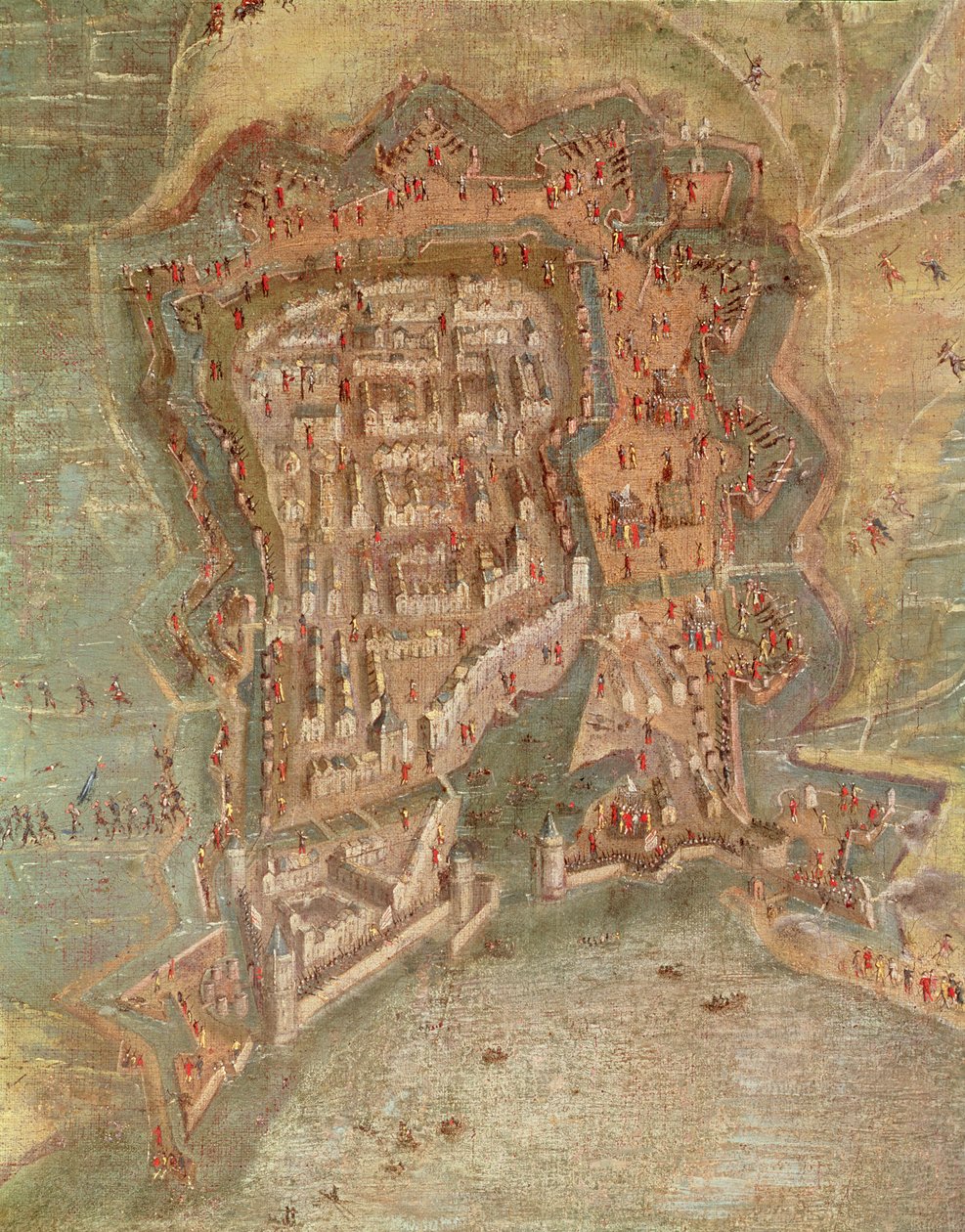 Detalj - Belägringen av La Rochelle av trupper av kardinal Richelieu 1627-68 (olja på duk) av French School
