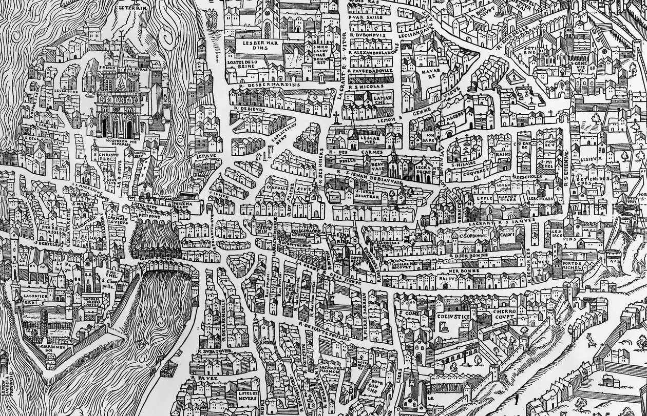 Detalj från en karta över Paris under Henri II:s regeringstid som visar quartier des Ecoles, 1552 av French School