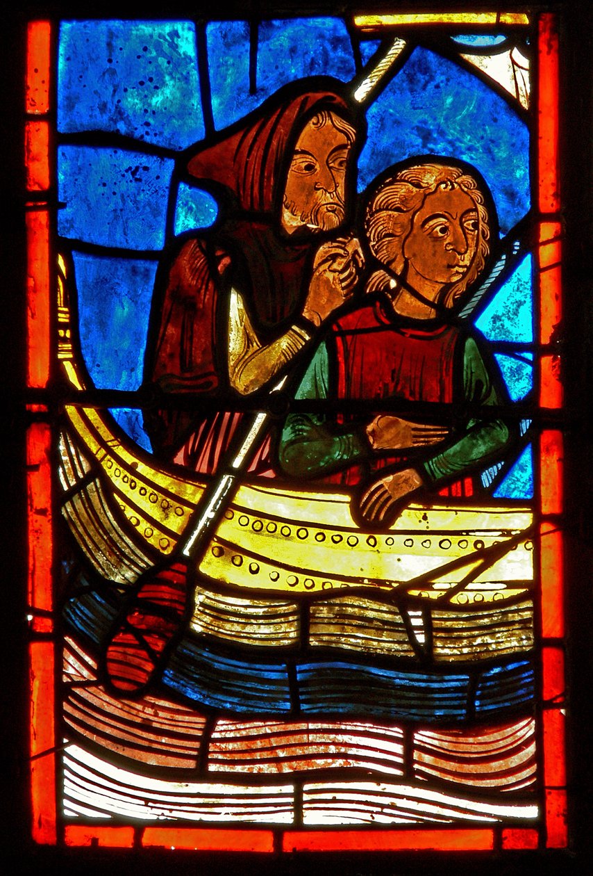 Detalj från ett fönster som visar scener från den heliga Maria den egyptiska livet av French School