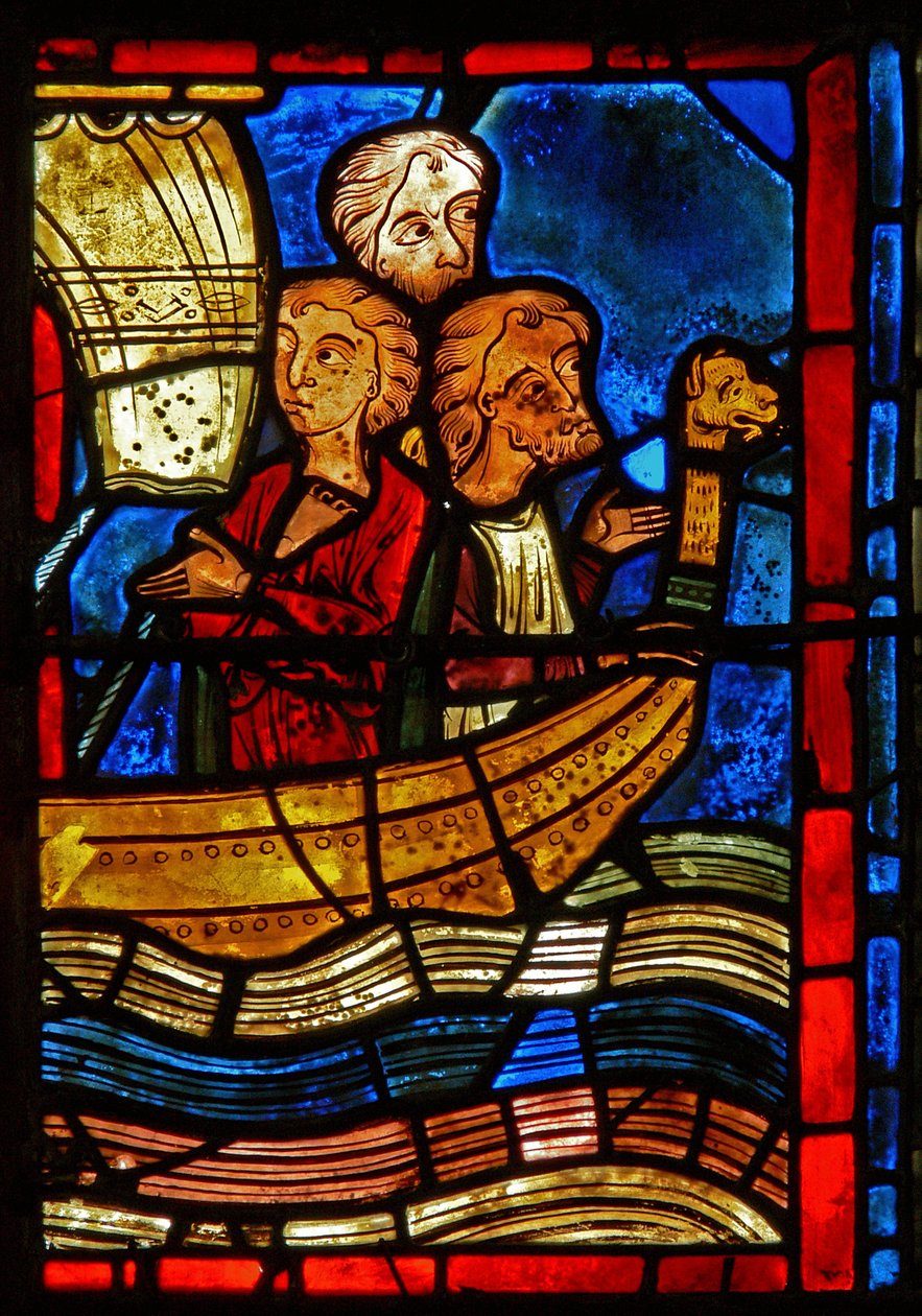Detalj från ett fönster som visar scener från den heliga Maria den egyptiska livet av French School