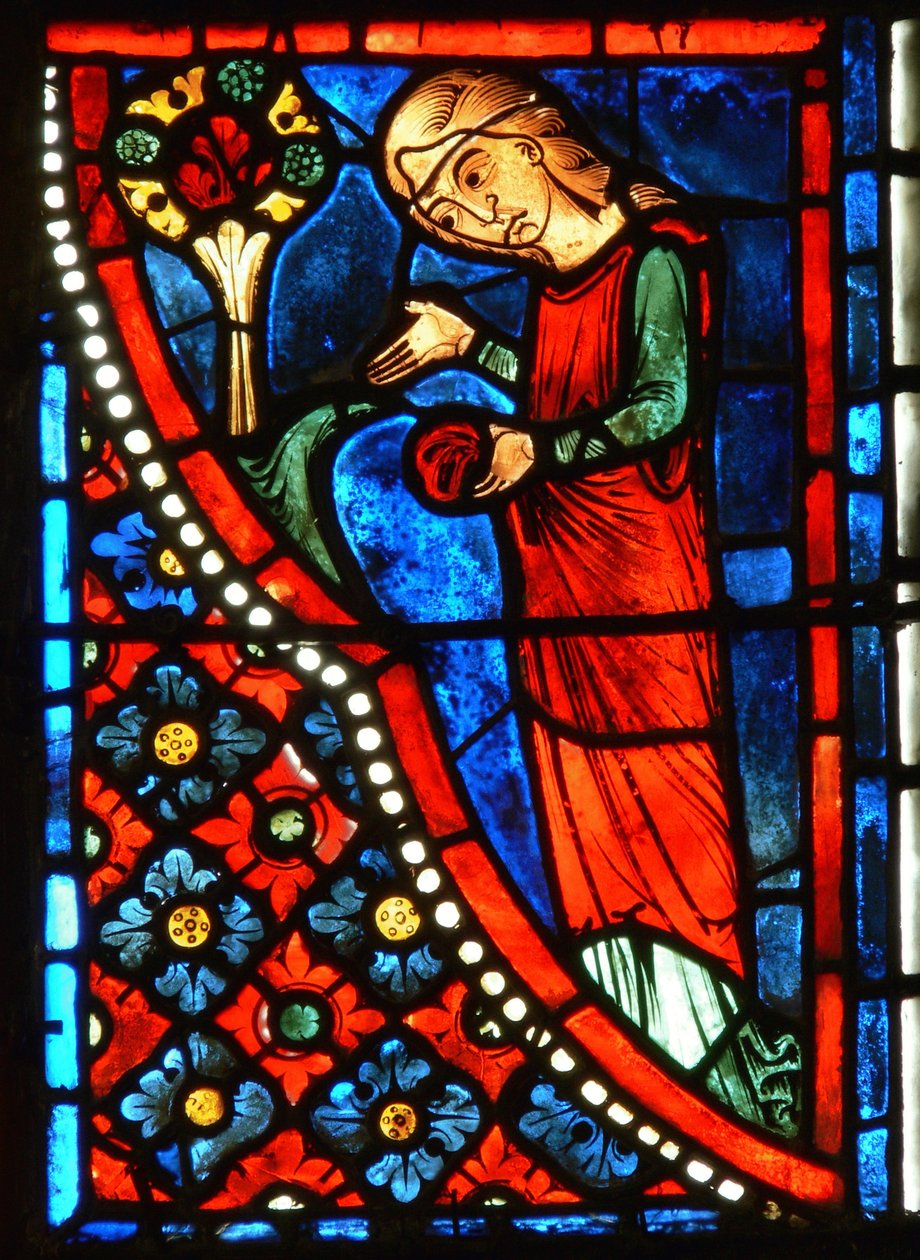Detalj från ett fönster som visar scener från den heliga Maria den egyptiska livet av French School