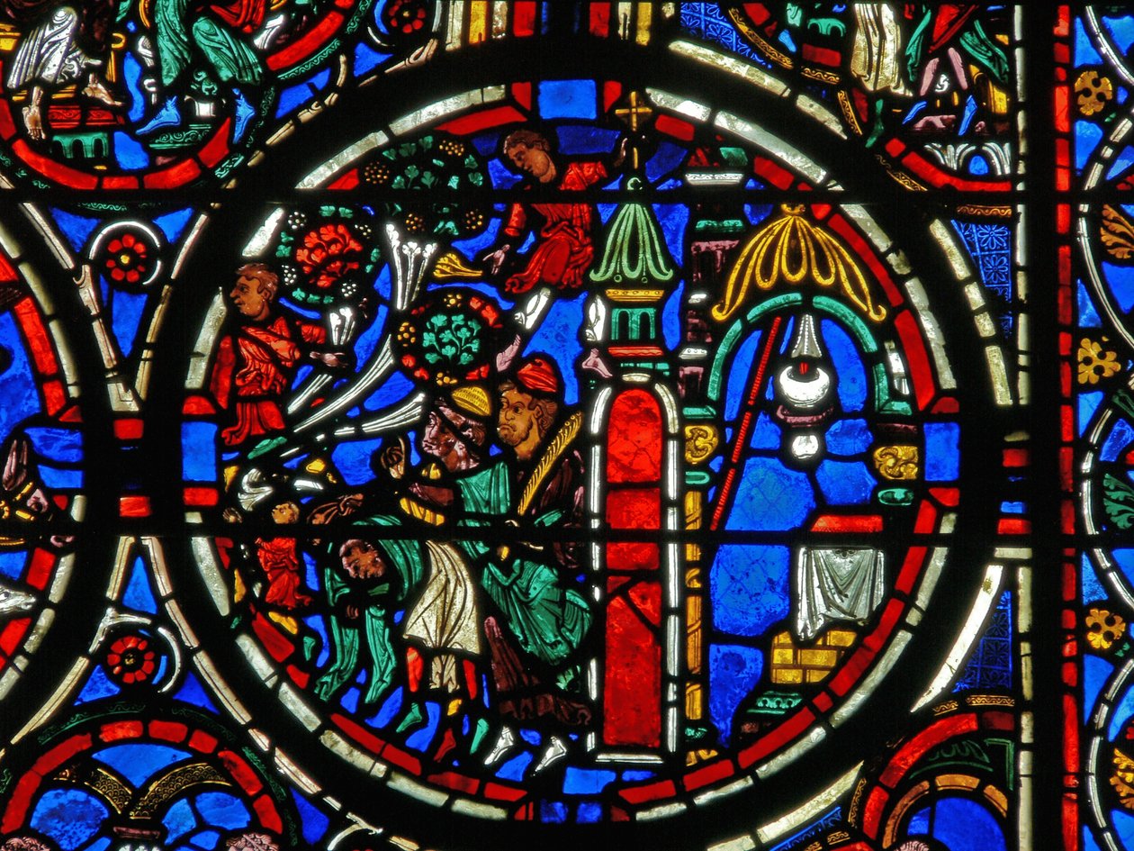 Detalj från ett fönster som visar passionen: Kristus hälsas när han kom till Jerusalem av French School
