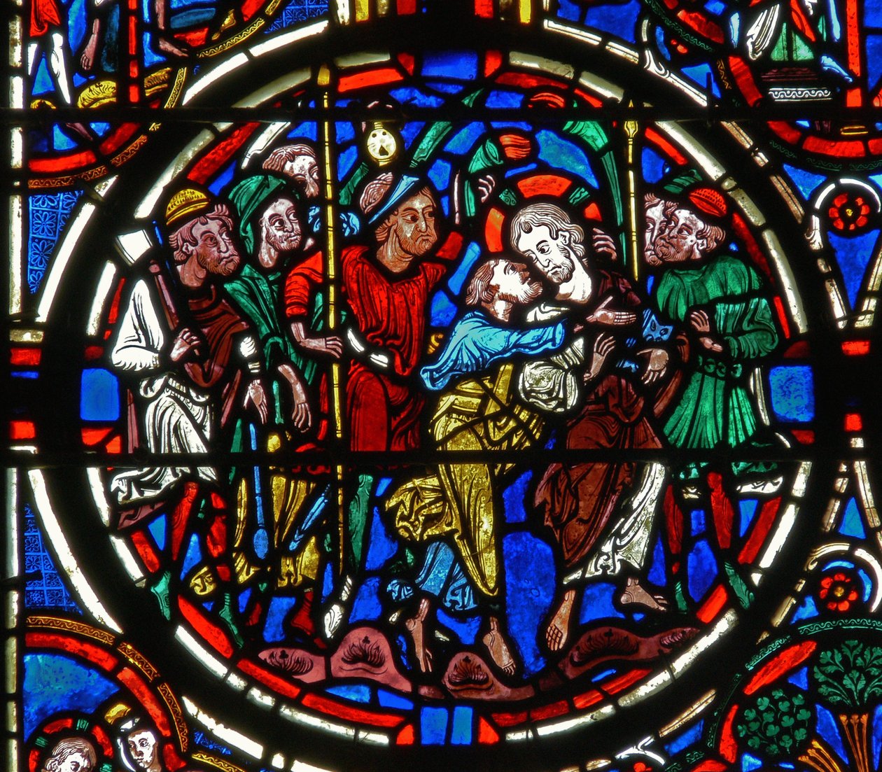 Detalj från ett fönster som visar passionen: Judas svek av French School