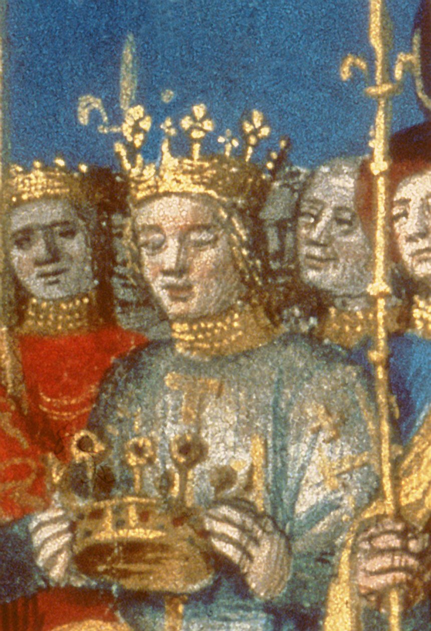 Detalj av Fr 6465 f.247v Kröning av Ludvig VIII (1187-1226) och Blanche de Castile i Reims i närvaro av kungen av Jerusalem (vellum) (detalj av 38990) av French School