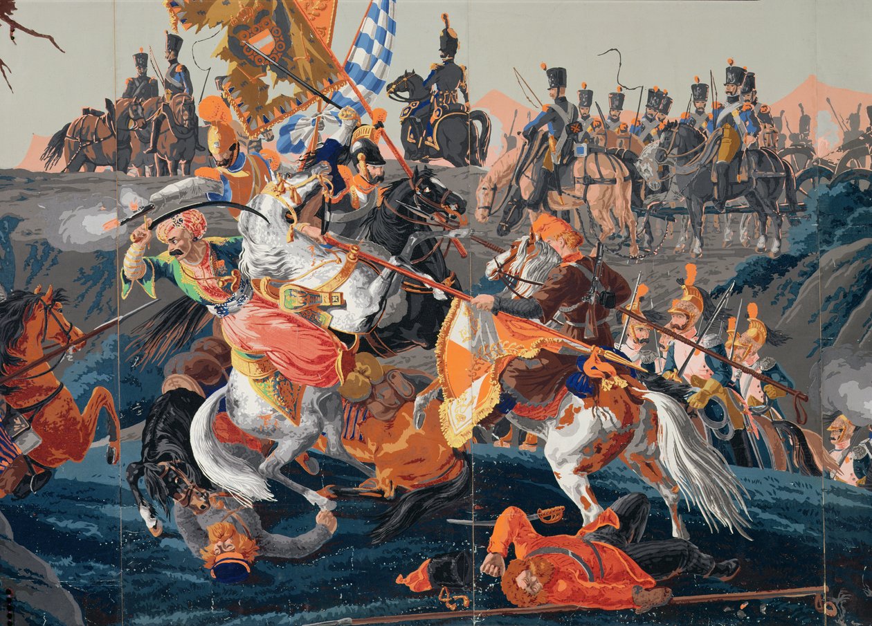 Detalj av slaget vid Austerlitz, en panoramisk tapetdesign, 1827-29 (tapet) av French School