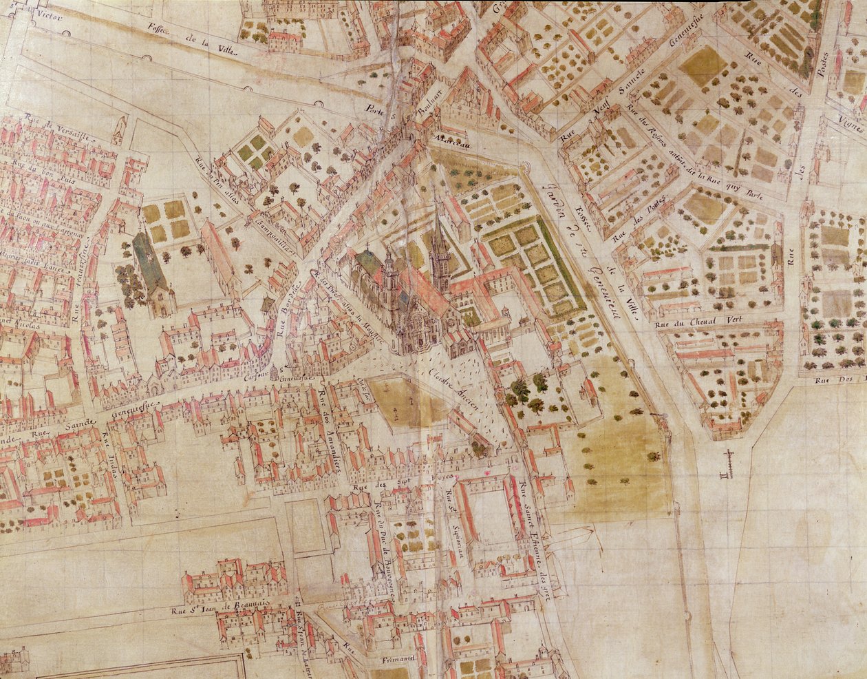 Detalj av en karta över Paris som visar toppen av Montagne Sainte-Genevieve, 1664 av French School