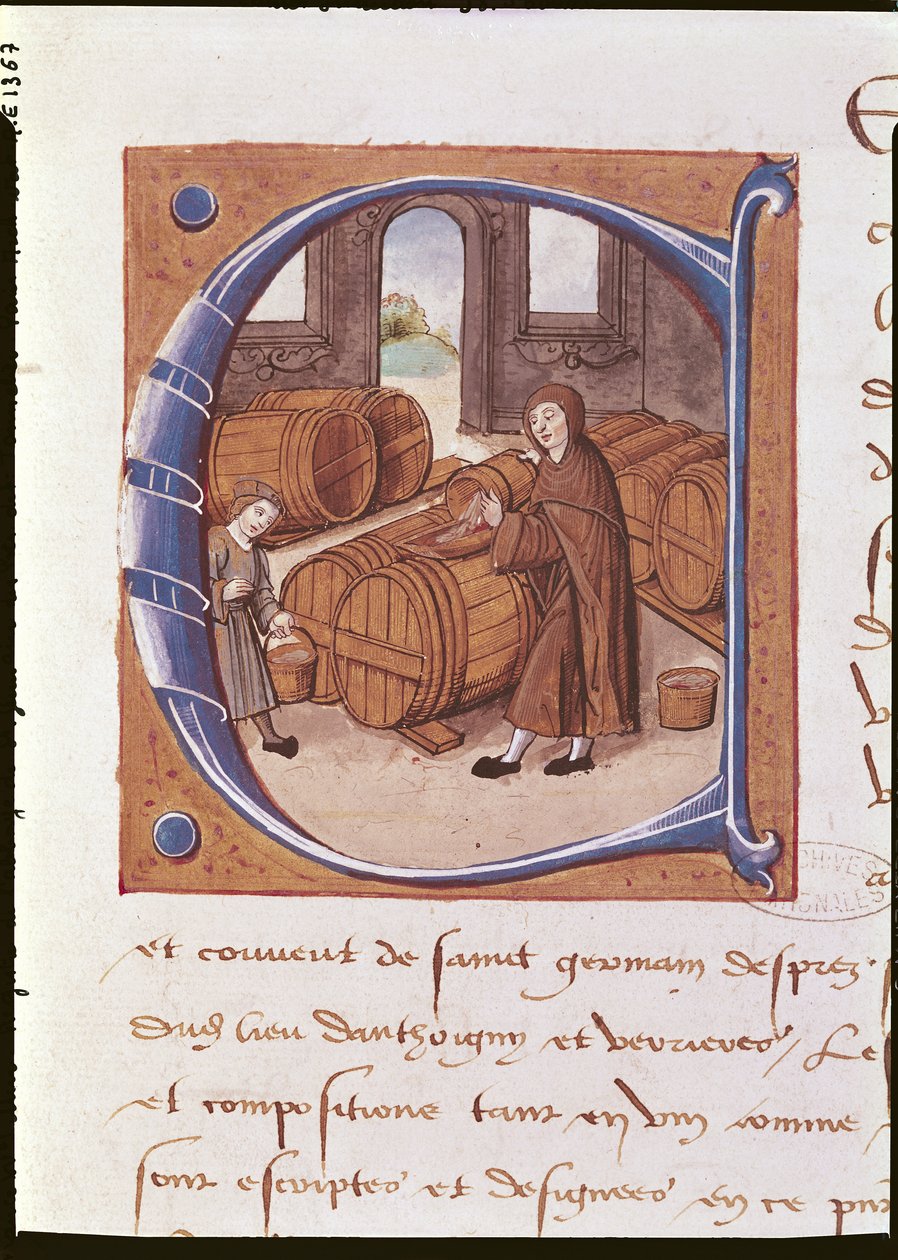 Detalj av en historisk initial med en illustration av en vinodlare i arbete, från "Register of the Abbey of Saint-Germain-des-Pres" (vellum) av French School