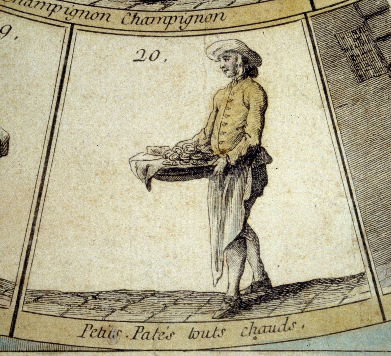 Detalj av spelet av Cree of Paris gås: köpman av het liten pasta. Gravyr av 1700-talet. Coll. Avvika. av French School