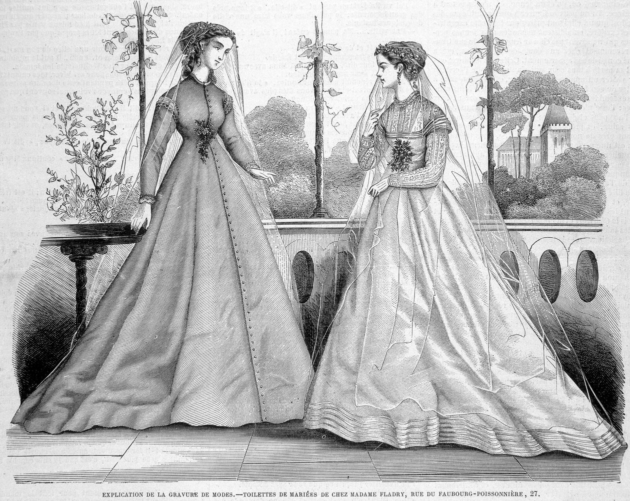 Två brudtoaletter från Madame Fladry - i ""La Mode illustrée""" av 1867-09-29. av French School