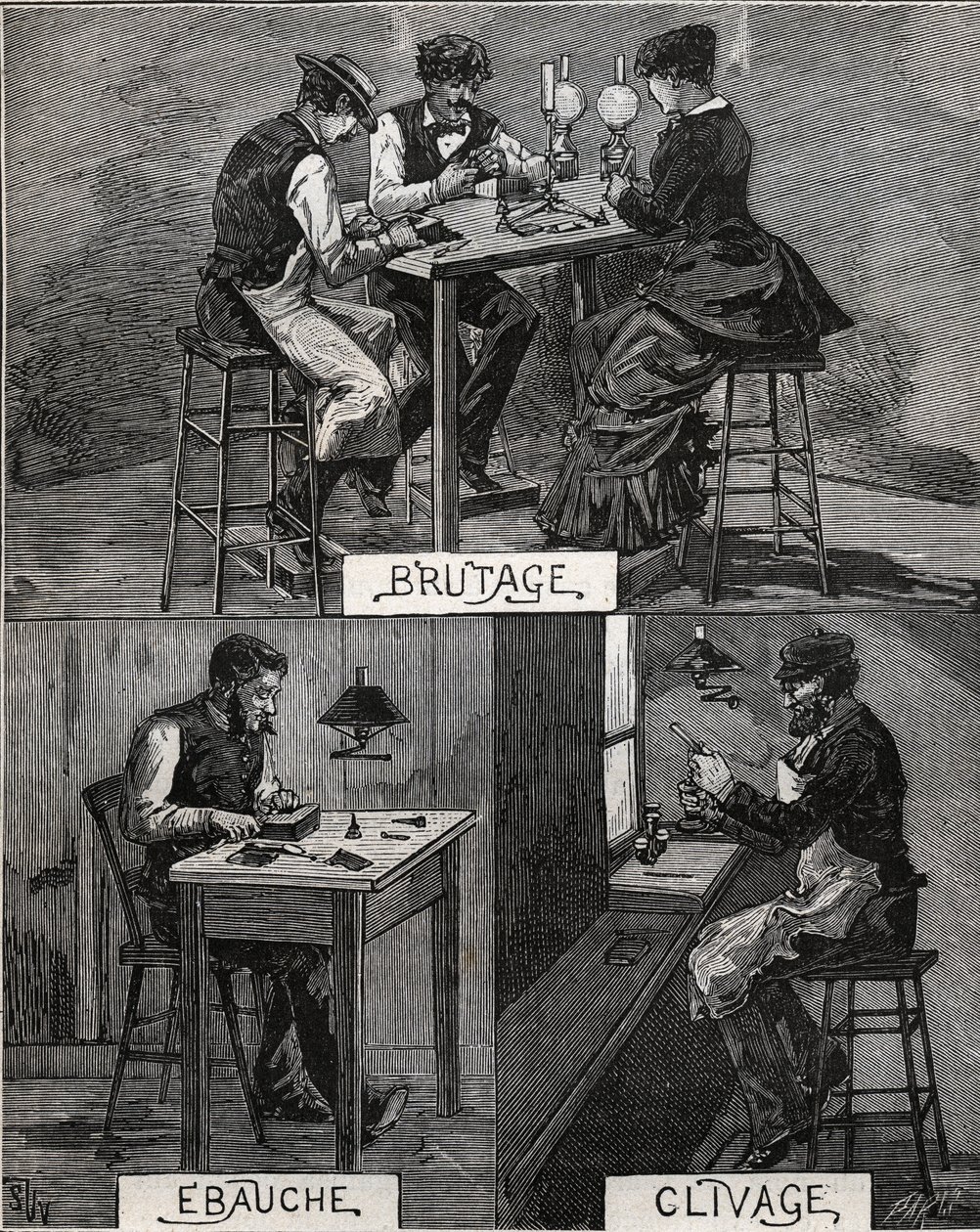 Diamantskärning, ljud, grov och klyvning. Gravyr från 1885 i "" Les arts et metiers illustres"" av Adolphe BITARD. av French School
