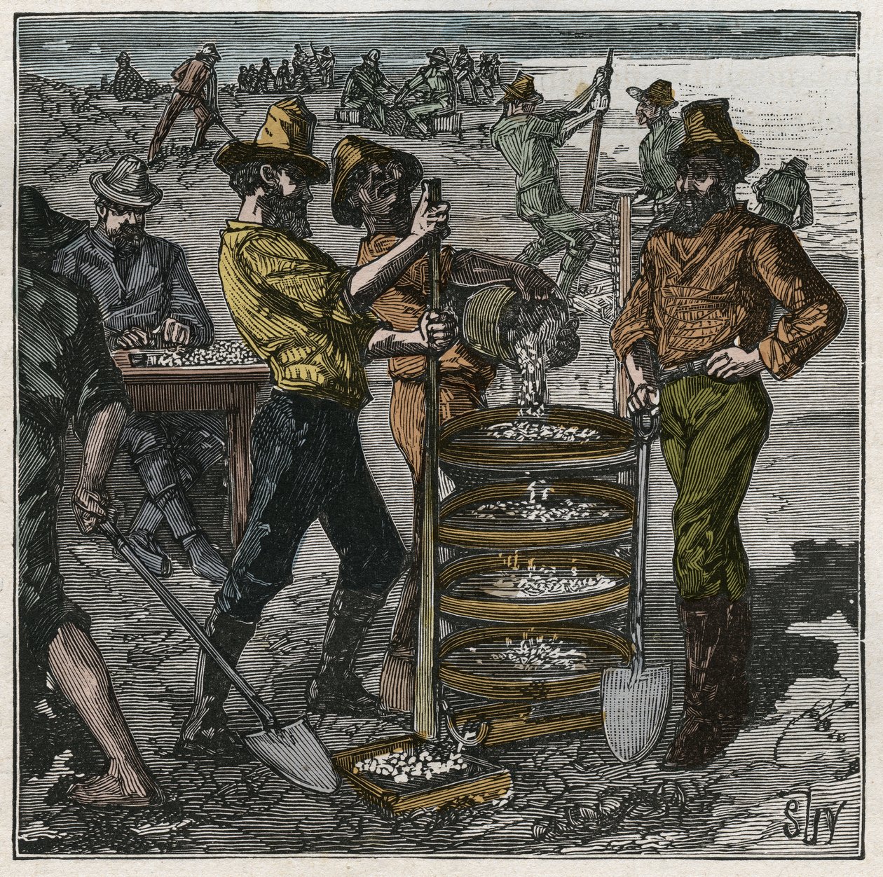 Diamanttvätt i Sydafrika på 1800-talet. Gravyr från 1885 i "" Les arts et metiers illustres"" av Adolphe BITARD. av French School