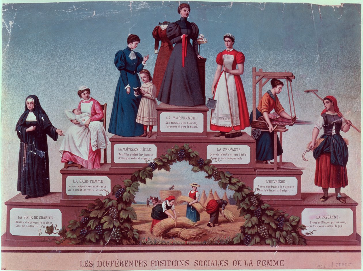 Kvinnors olika sociala positioner, sent 1800-tal (färggravyr) av French School