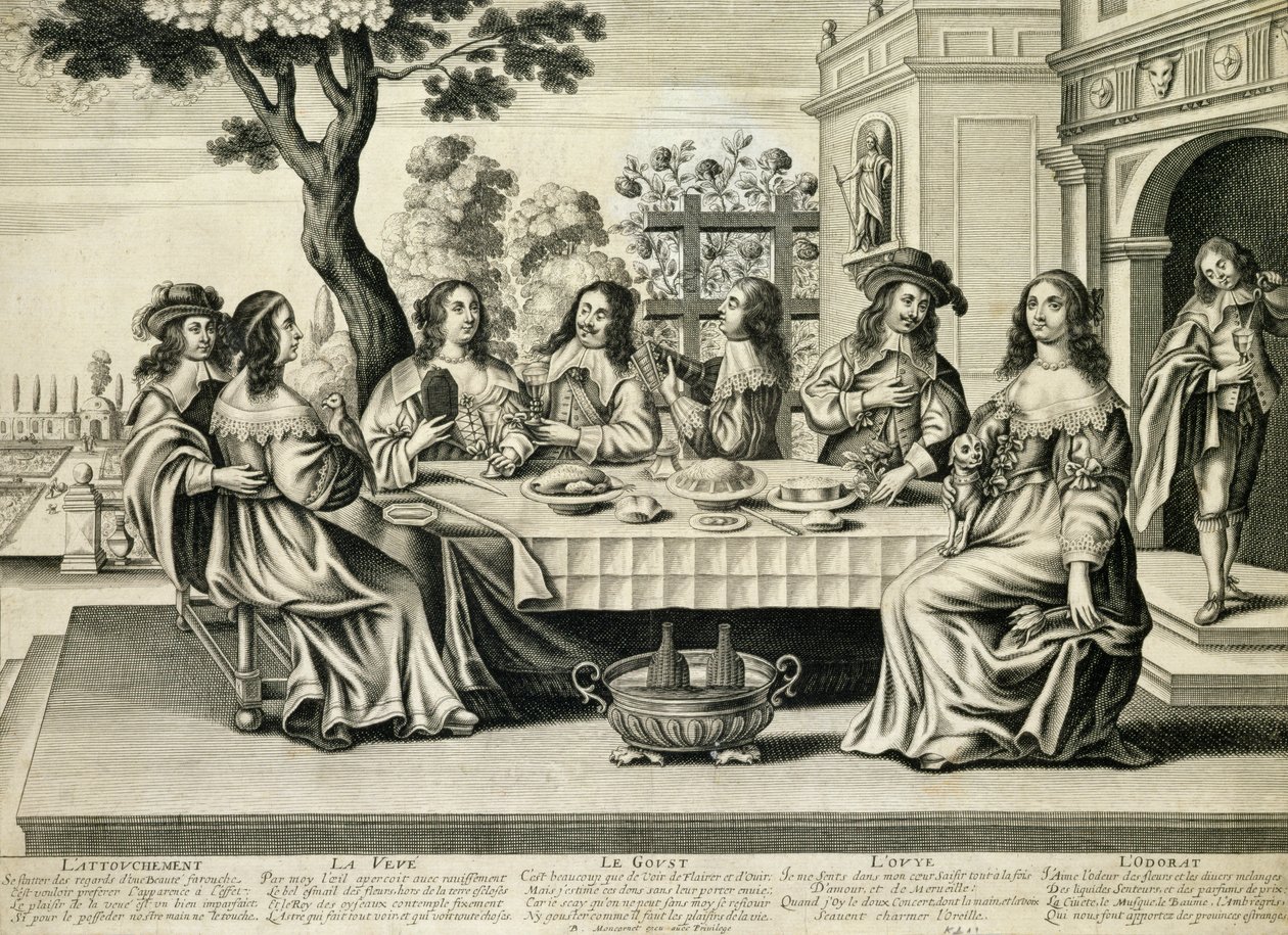 Matställen på en terrass med en formell trädgård nedanför, graverad av Balthazar Moncornet (ca 1600-68) av French School