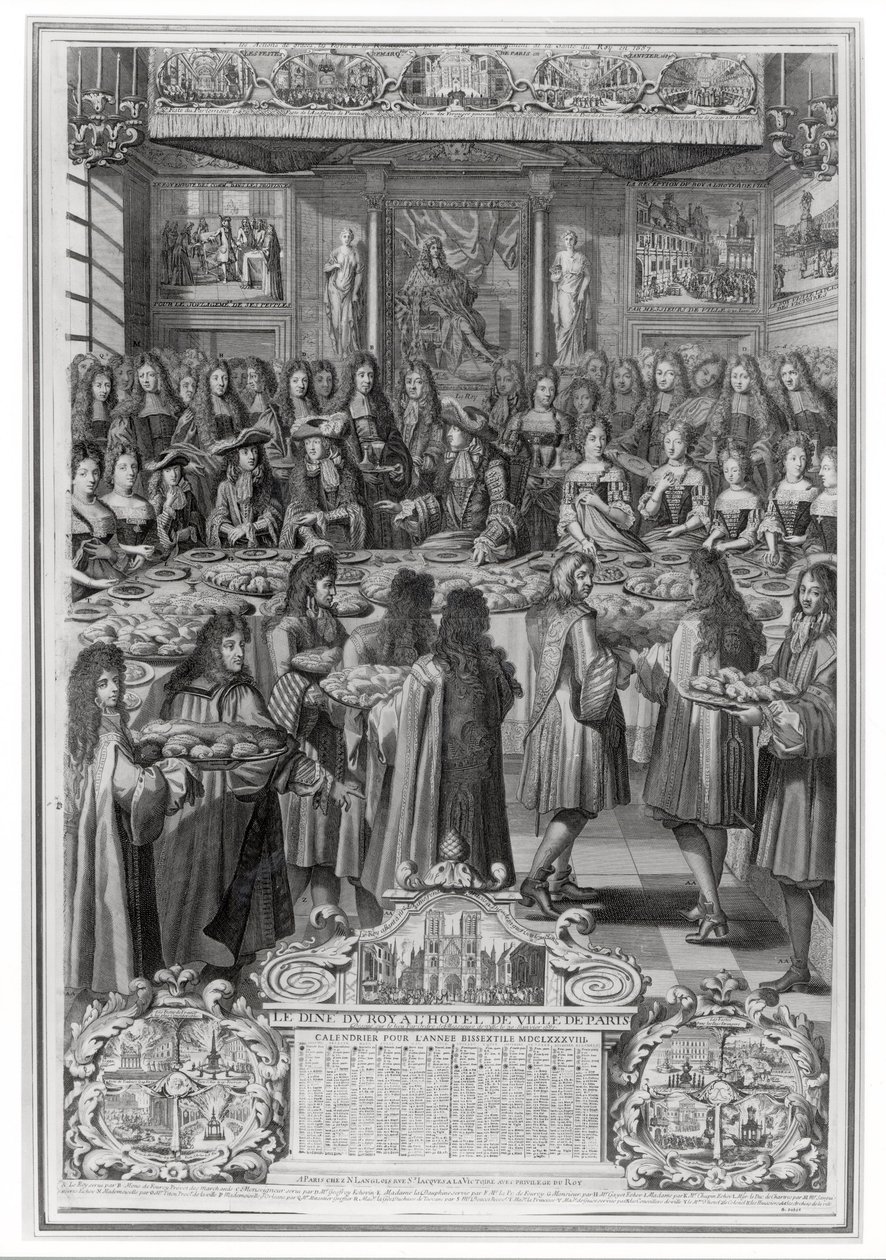 Middag för Ludvig XIV (1638-1715) på Hotel de ville, 30 januari 1687, från årets kalender 1688 av French School