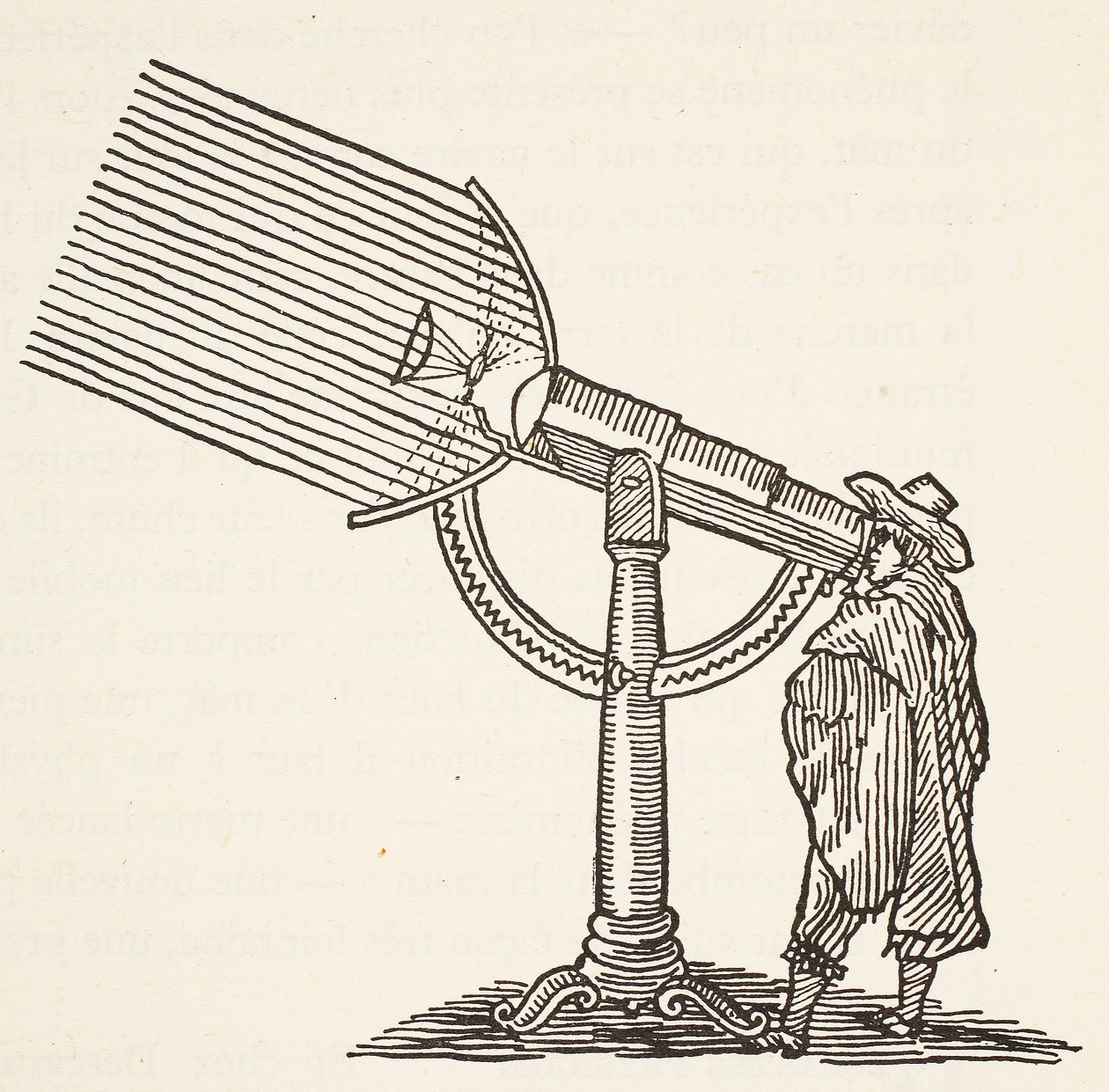 Dioptrisk teleskop, kopia av en gravyr av Boris Mestchersky (d.1957), illustration från Histoire de la Nation Francaise, Sciences, Volym I & II, av Gabriel Hanotaux (1853-1944), 1924 av French School