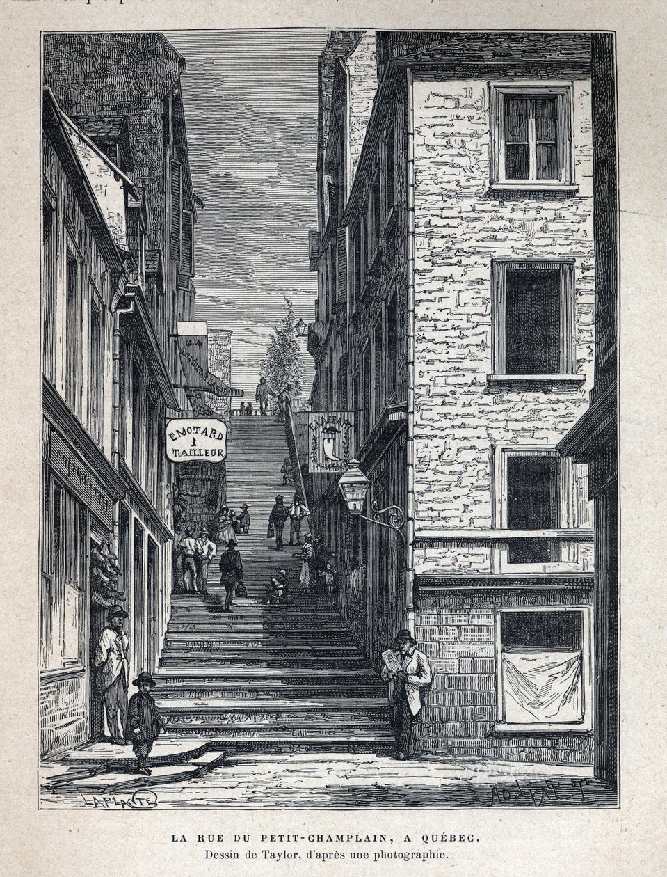 Upptäck Kanada: Rue du Petit Champlain (Petit-Champlain) i Quebec. Teckning av Taylor från ett fotografi. Gravyr från slutet av 1800-talet i "La nouvelle France" av Eugene Guenin. av French School