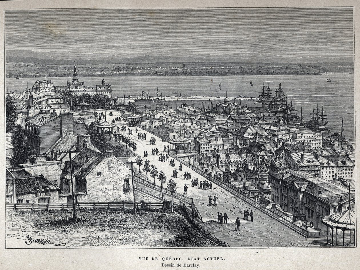 Upptäck Kanada: utsikt över Quebec City i slutet av 1800-talet. Barclay teckning. Gravyr från slutet av 1800-talet i "La nouvelle France" av Eugene Guenin. av French School