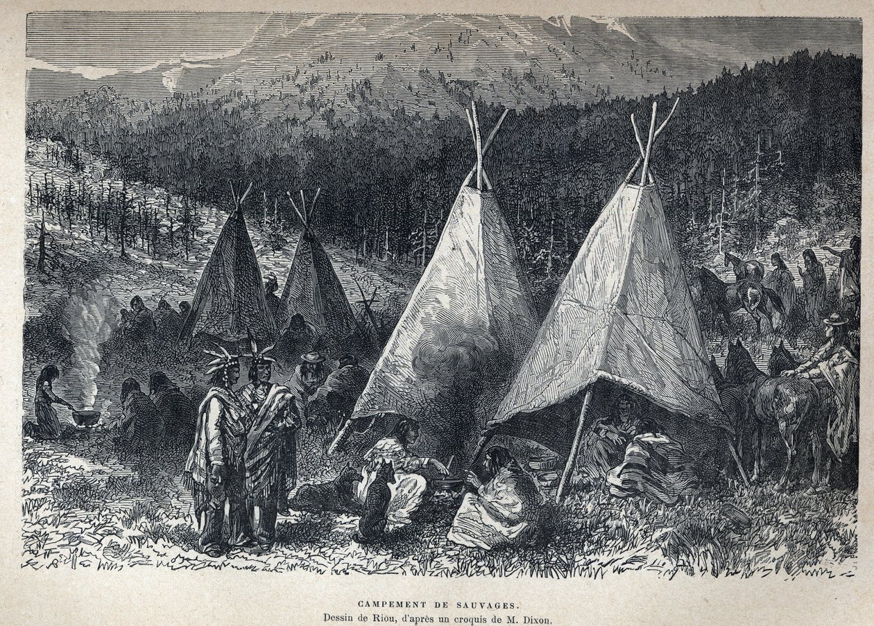 Upptäckt Kanada: American Indian Camp med tipi. Ritning av Riou från en skiss av Dixon. Gravyr från slutet av 1800-talet i "La nouvelle France" av Eugene Guenin. av French School