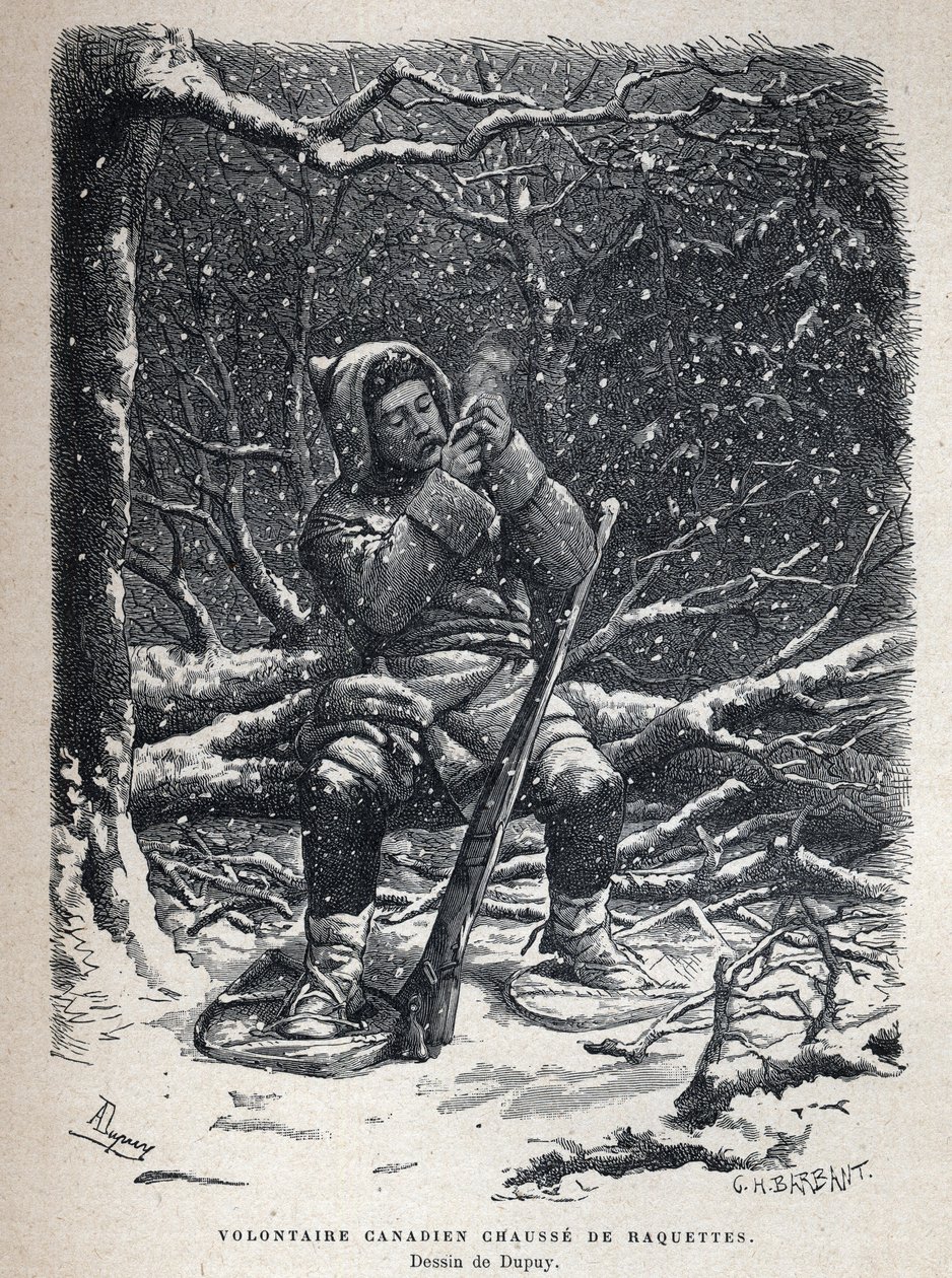 Upptäckte Kanada: Kanadensiska armén frivilliga snöskor. Teckning av Dupuy. Gravyr från slutet av 1800-talet i "La nouvelle France" av Eugene Guenin. av French School