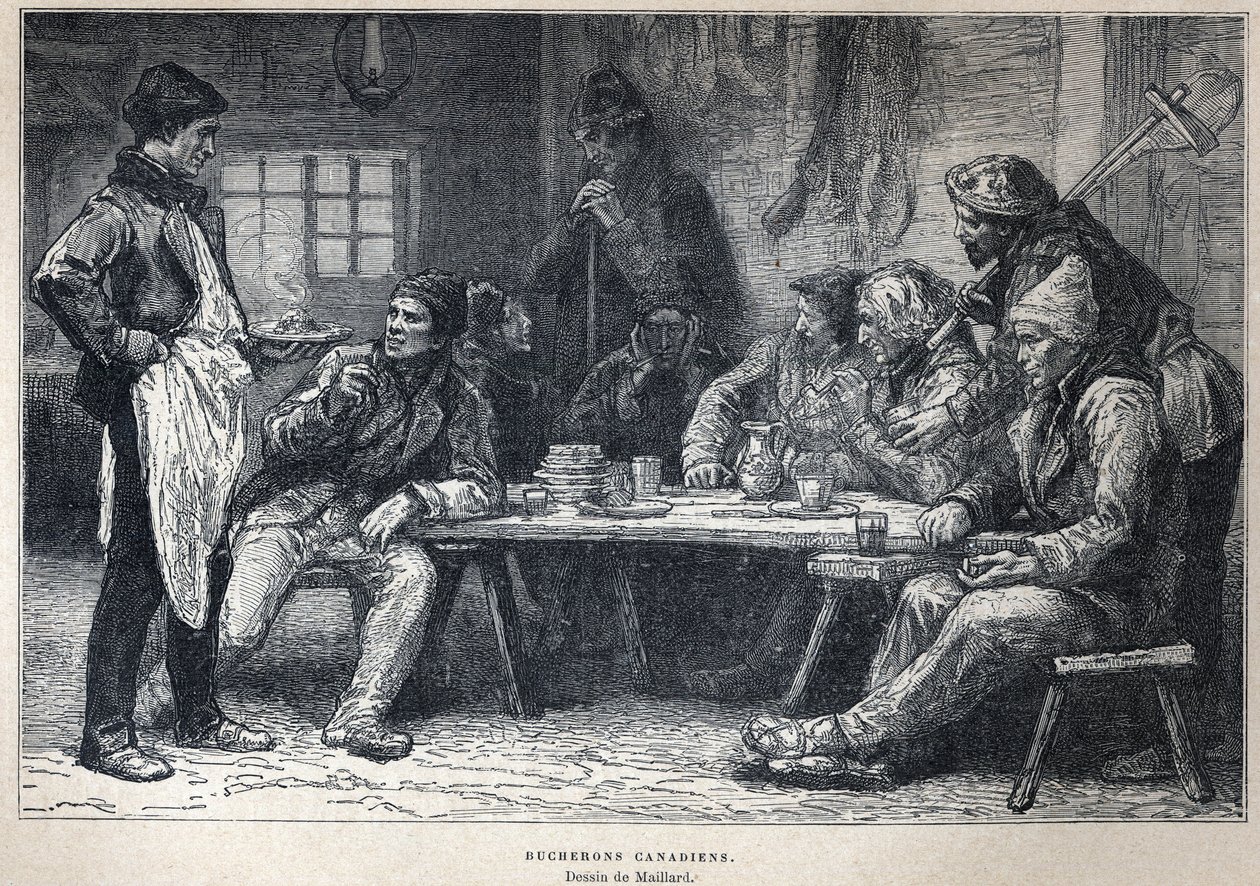 Upptäckt Kanada: Kanadensiska skogshuggare. Teckning av Maillard. Gravyr från slutet av 1800-talet i "La nouvelle France" av Eugene Guenin. av French School