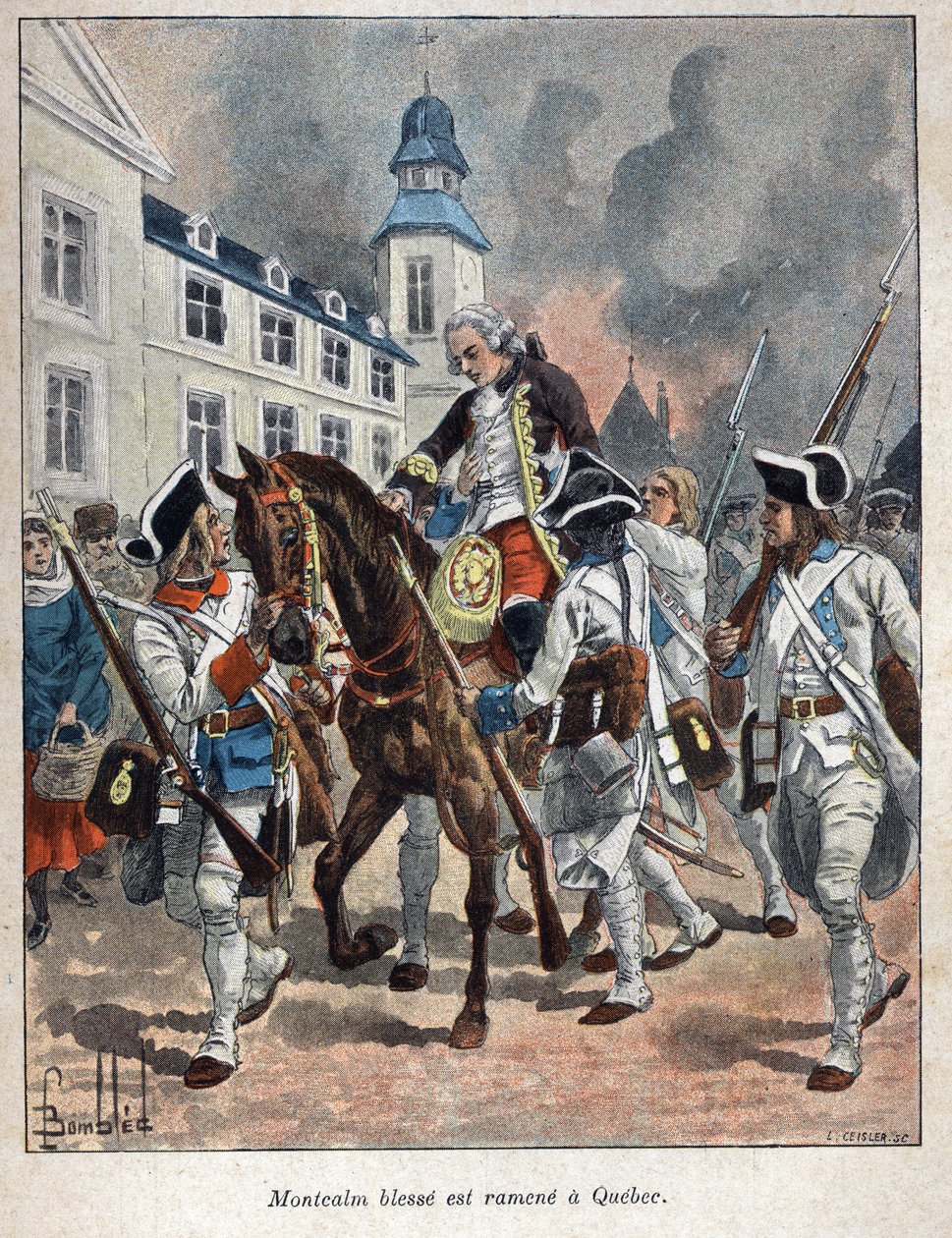 Upptäckt Kanada: Louis Joseph de Montcalm (1712-1759) general francais skadad under belägringen av staden Quabec av engelsmännen och fördes tillbaka till Quebec 1759. Gravyr från slutet av 1800-talet i "La nouvelle France" av Eugene Guenin. av French School