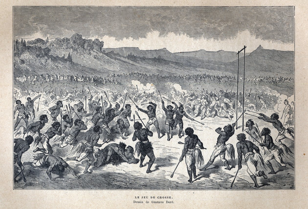 Upptäckt Kanada: Sport. American Indian lacrosse-spelet. Teckning av Gustave Dore. Gravyr från slutet av 1800-talet i "La nouvelle France" av Eugene Guenin. av French School