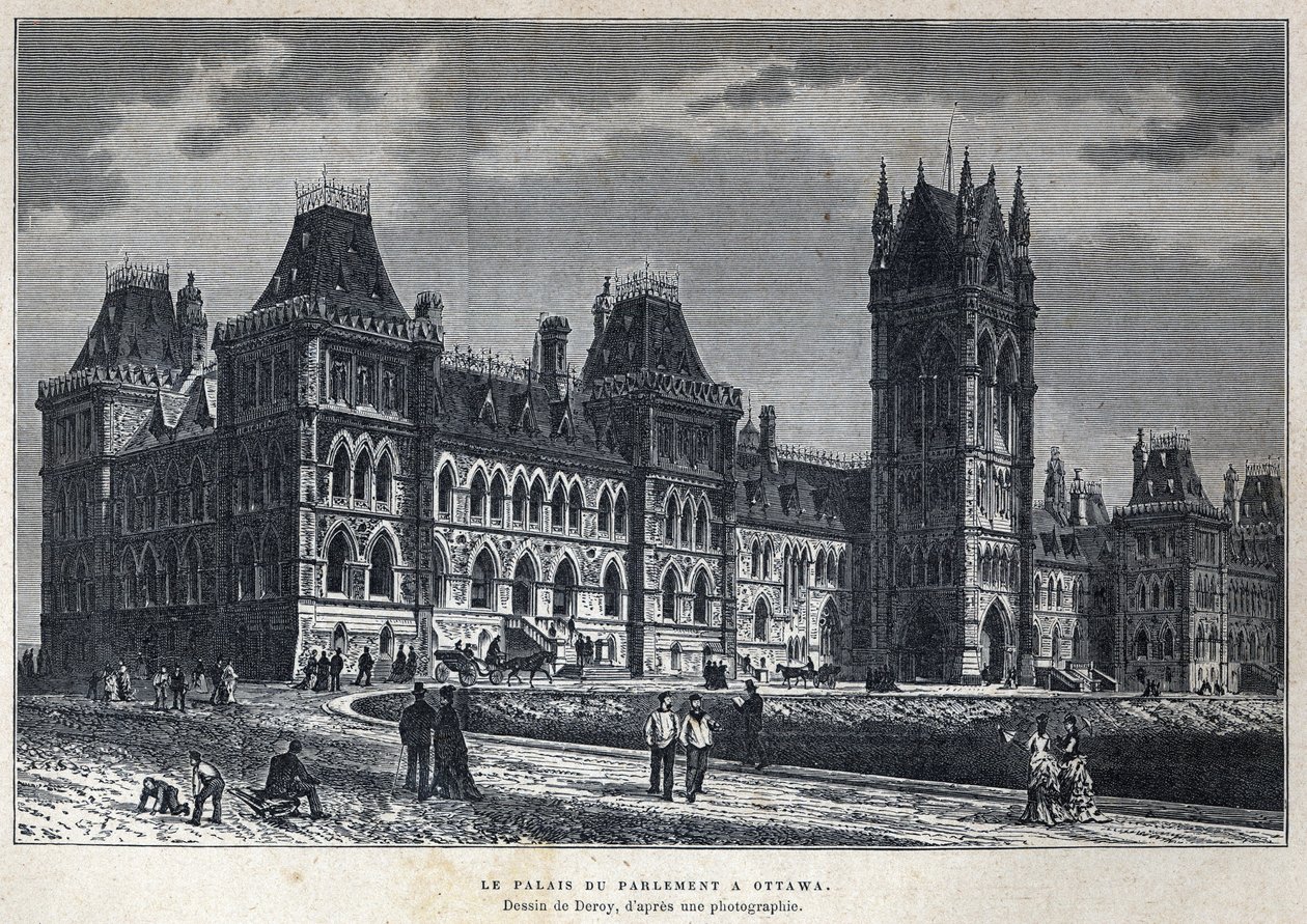 Upptäckte Kanada: Parlamentspalatset i Ottawa. Teckning av Deroy från ett fotografi. Gravyr från slutet av 1800-talet i "La nouvelle France" av Eugene Guenin. av French School