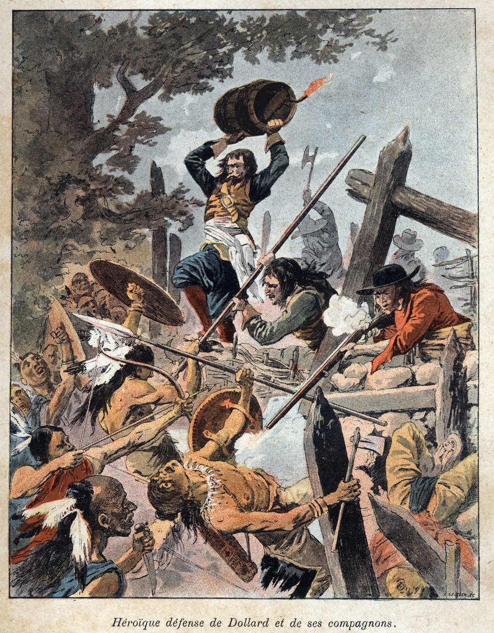 Upptäckte Kanada: försvar av Adam Dollard des Ormeaux (1635-1660) och hans följeslagare mot indianerna i Iroquois America för att skydda deras läger 1657. Gravyr från slutet av 1800-talet i "La nouvelle France" av Eugene Guenin. av French School