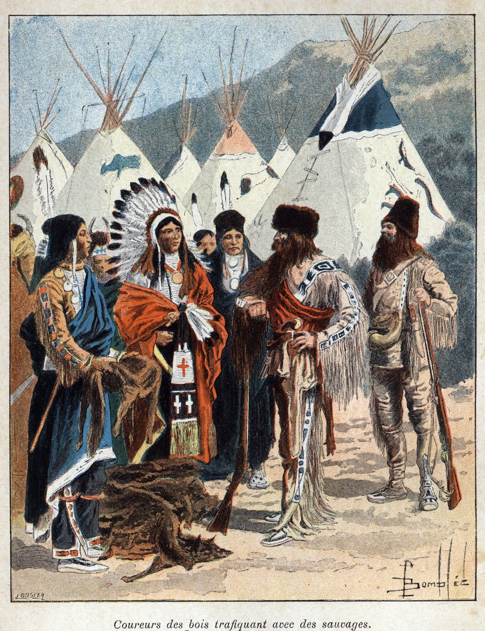 Upptäckte Kanada: coureurs de bois, inblandade i pälshandeln med indianerna i Amerika, handlade med djurskinn på 1600-talet. Gravyr från slutet av 1800-talet i "La nouvelle France" av Eugene Guenin. av French School