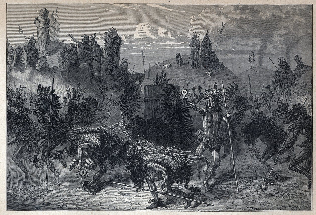 Upptäckte Kanada: bisonens dans i Mondanes. Gravyr från slutet av 1800-talet i "La nouvelle France" av Eugene Guenin. av French School
