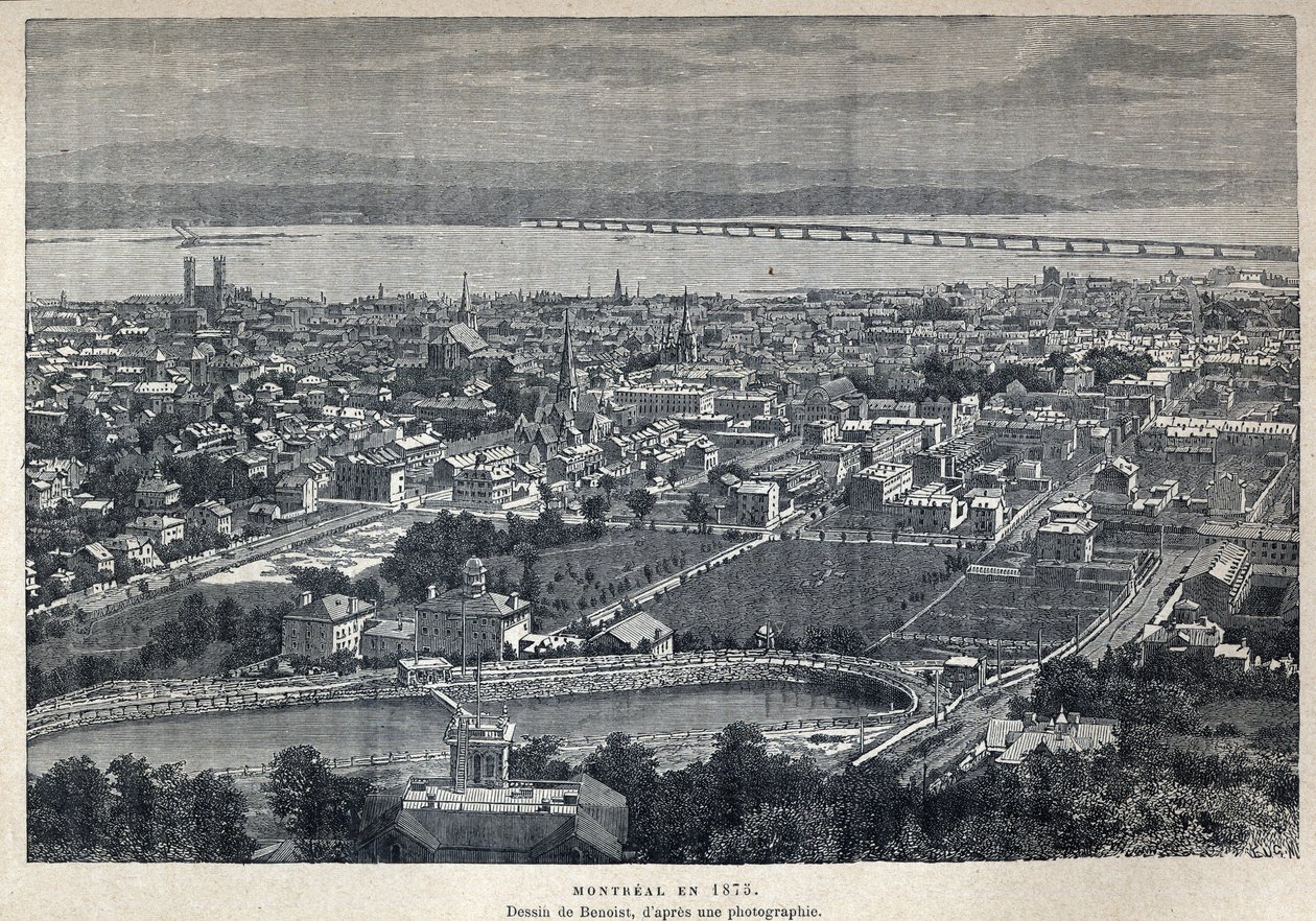 Upptäckte Kanada: utsikt över staden Montreal 1875. Teckning av Benoist efter fotografi. Gravyr från slutet av 1800-talet i "La nouvelle France" av Eugene Guenin. av French School