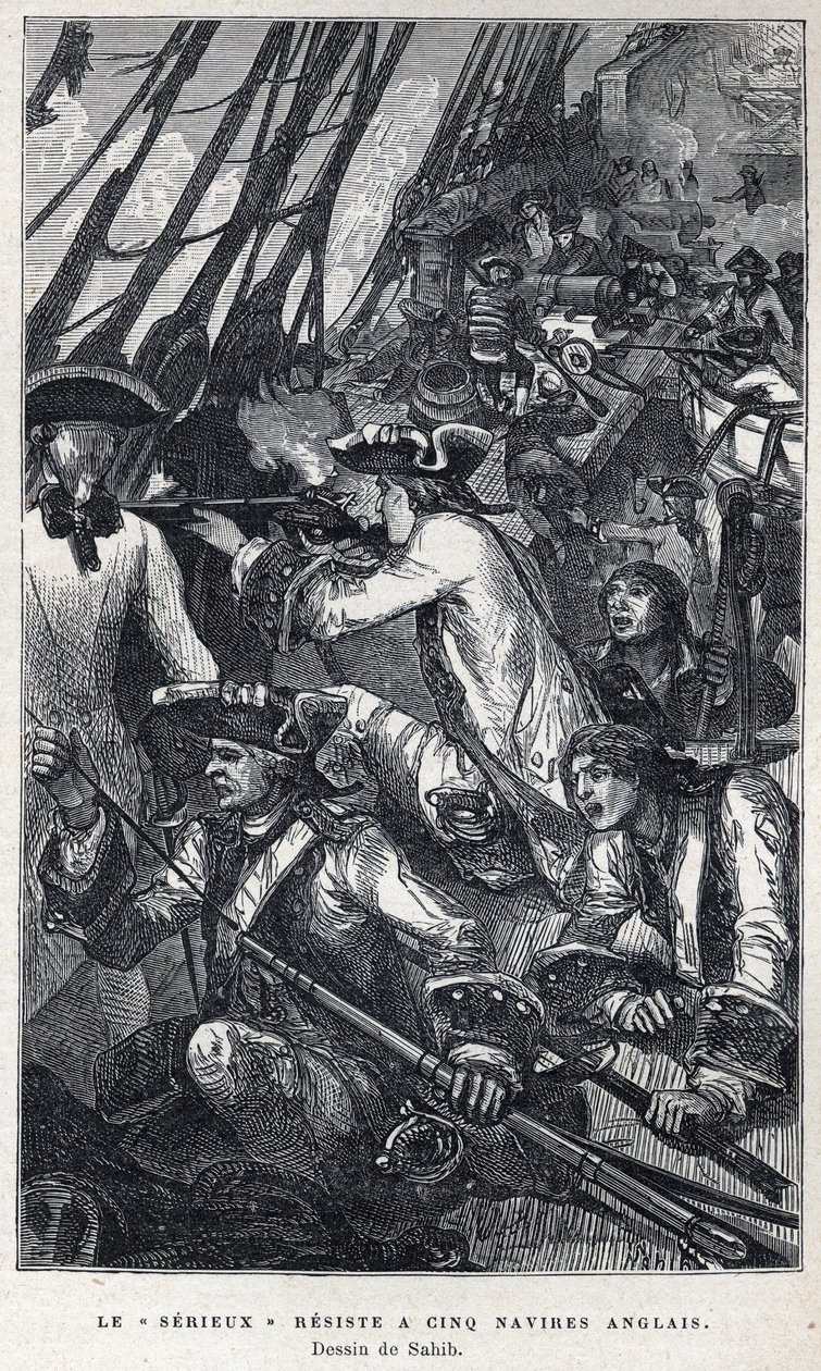 Upptäckt från Kanada: Jacques Pierre de Taffanel de la Jonquiere (1685-1752) fransk sjöofficer i spetsen för det franska fartyget "" Le serieux"" gjorde motstånd mot fem engelska fartyg. Teckning av Sahib. Gravyr från slutet av 1800-talet i ”La nouvelle Fr av French School