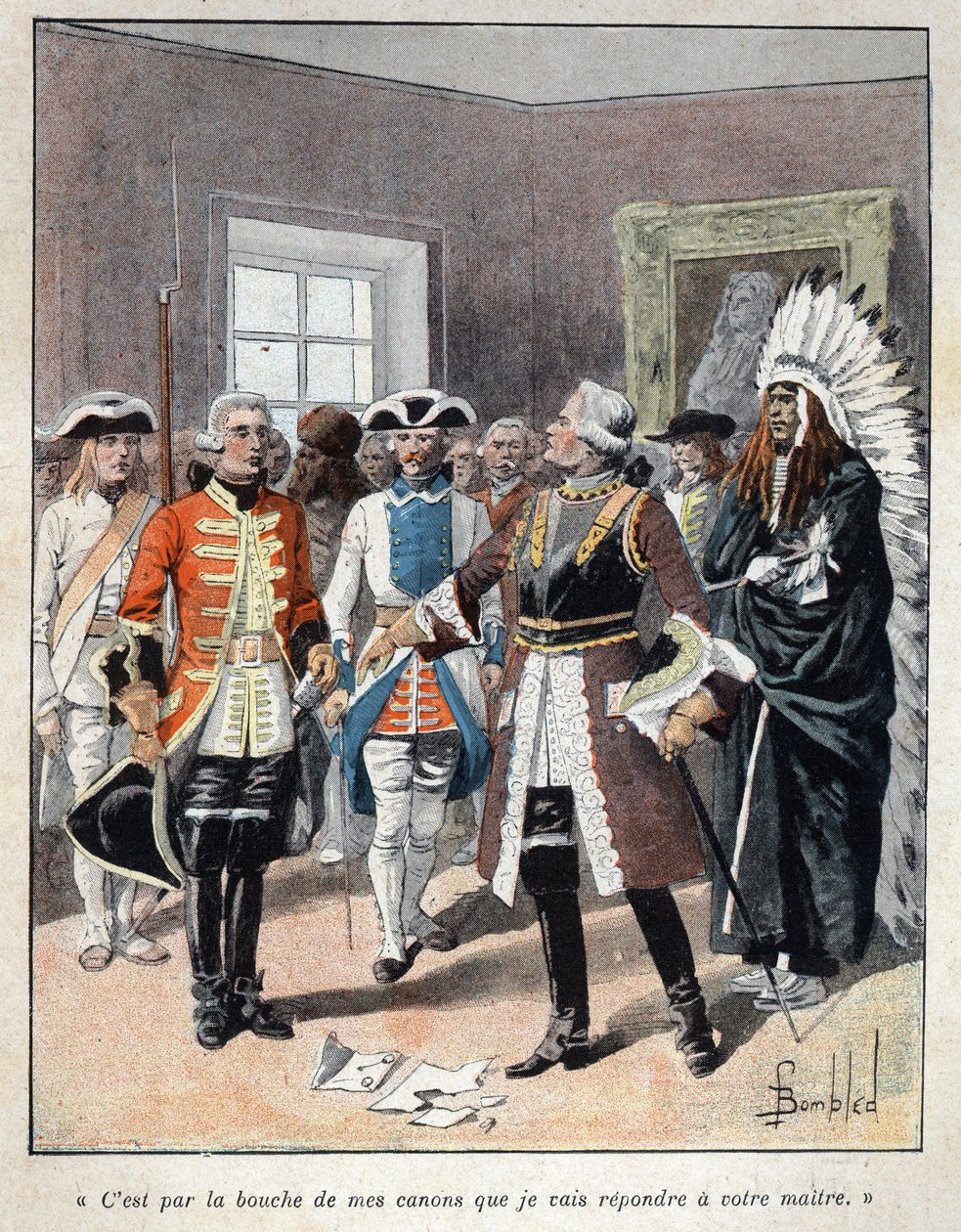 Upptäckt från Kanada: Louis de Buade, greve av Frontenac (1622-1698) som tog emot utsände från den engelske guvernören för kolonin Massachusetts (1651-1695) William Phips och svarade honom "" Det är genom munnen av mina vapen som jag kommer att svara din h av French School