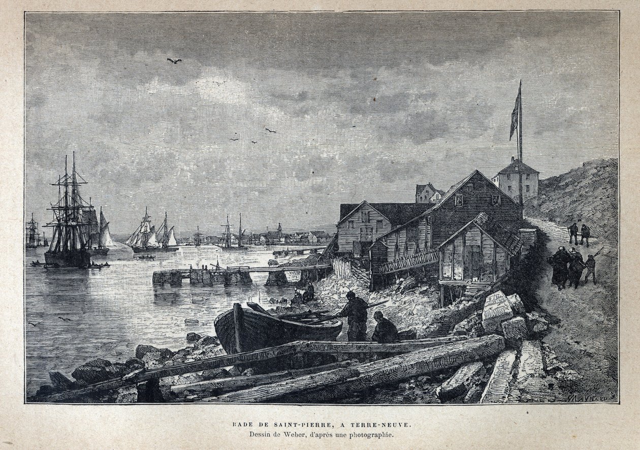 Upptäckt från Kanada: St. Peters hamn (St. Pierre) till Newfoundland, Newfoundland. Teckning av Weber från ett fotografi. Gravyr från slutet av 1800-talet i "La nouvelle France" av Eugene Guenin. av French School