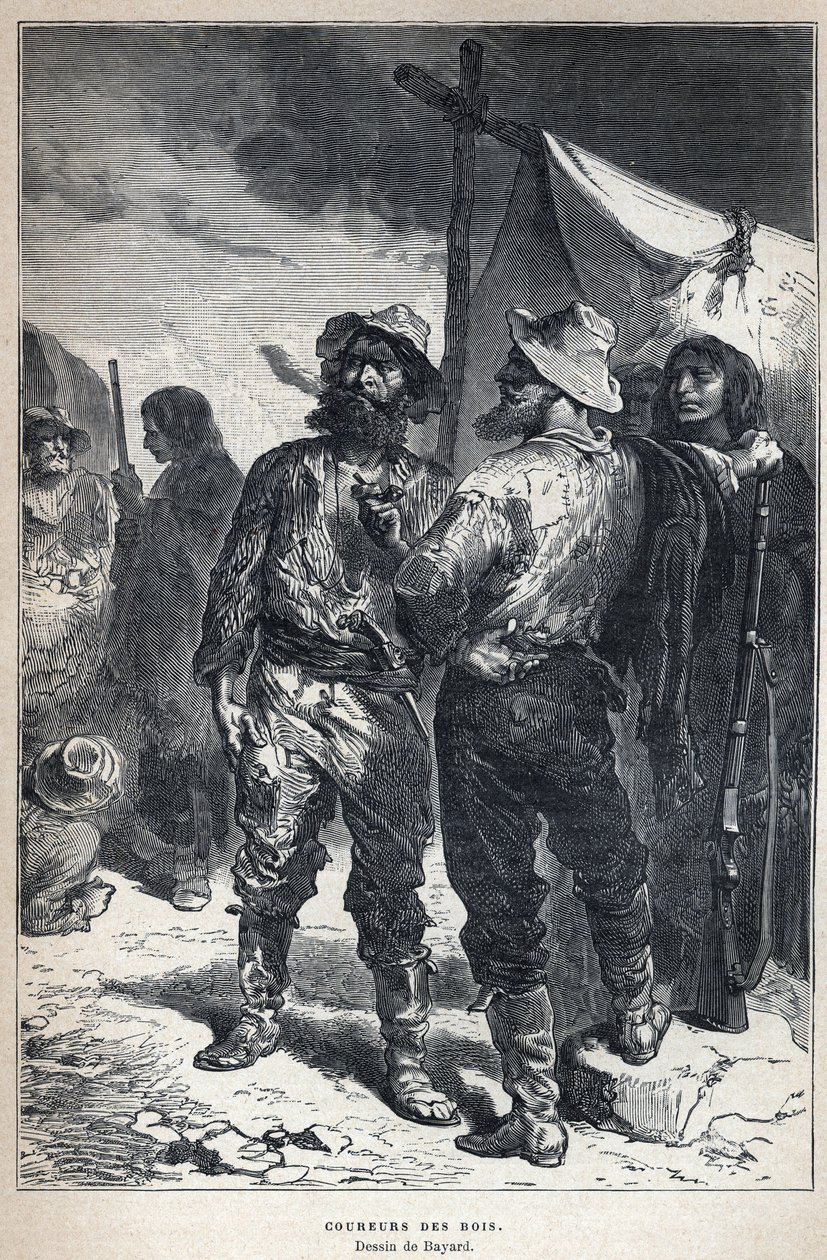 Upptäckt från Kanada: coureur des bois (engagerad i pälshandeln med indianerna). Bayard teckning. Gravyr från slutet av 1800-talet i "La nouvelle France" av Eugene Guenin. av French School