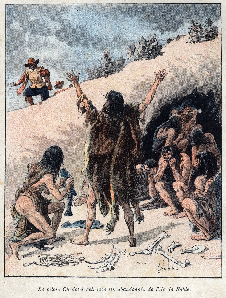Upptäckt från Kanada: Piloten Alexis Chedotel hittar besättningen övergiven av Troilus du Mesgouez känd som Marquis de la Roche på sandön 1578. Gravyr från slutet av 1800-talet i "La nouvelle France" av Eugene Guenin. av French School