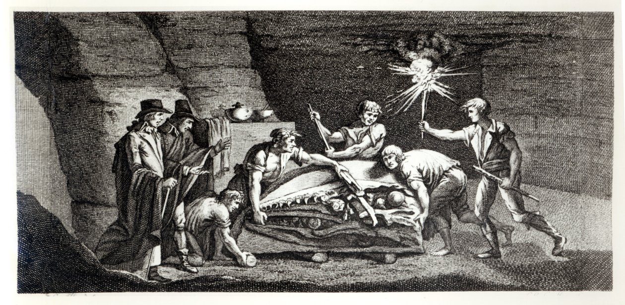 Upptäcker benen av ett förhistoriskt djur, illustration från Histoire naturelle de la Montagne Saint-Pierre de Maastricht av Barthelemy Faujas de Saint Fond (1743-1819) 1799 av French School