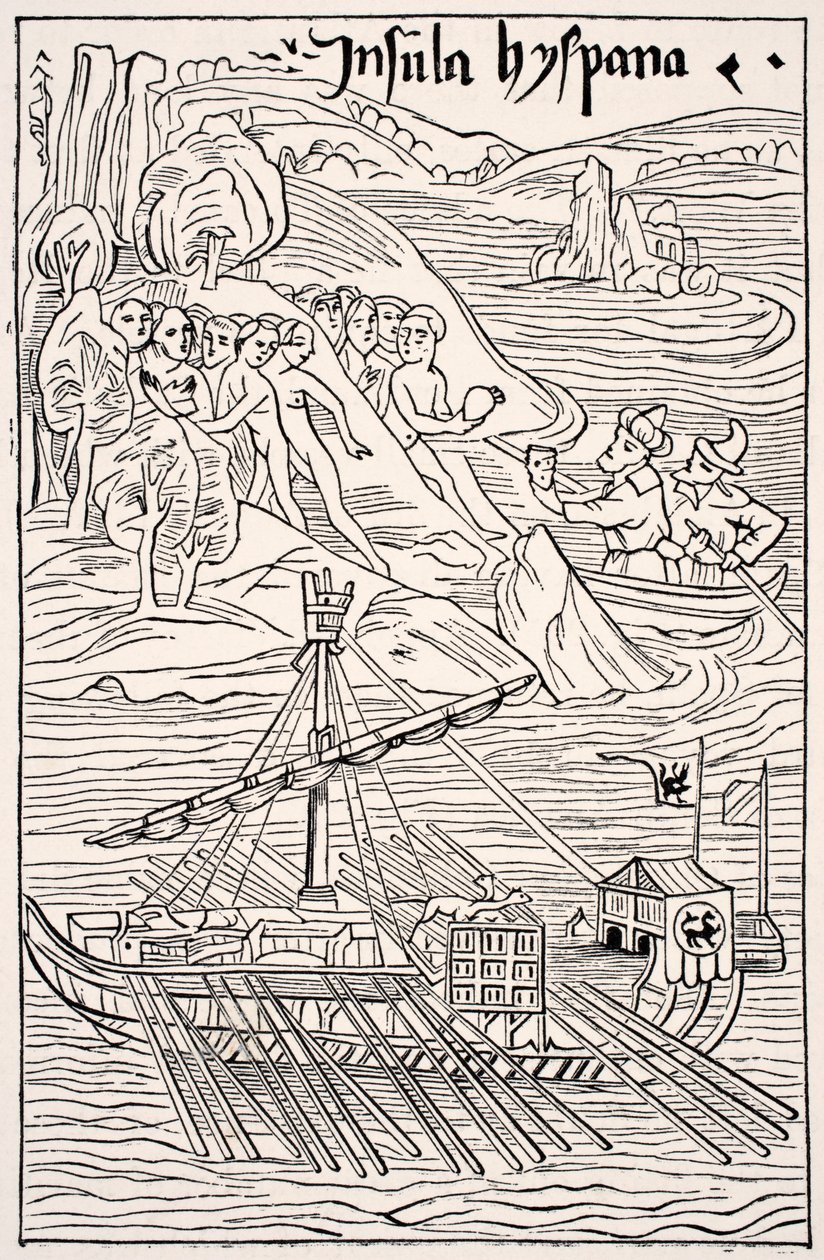 Upptäckten av Santo Domingo, Insula Hyspana, av Christopher Columbus, faksimil av en trägravyr av Epistola Christoferi Colom, från vetenskap och litteratur under medeltiden av Paul Lacroix pub. London 1878 av French School