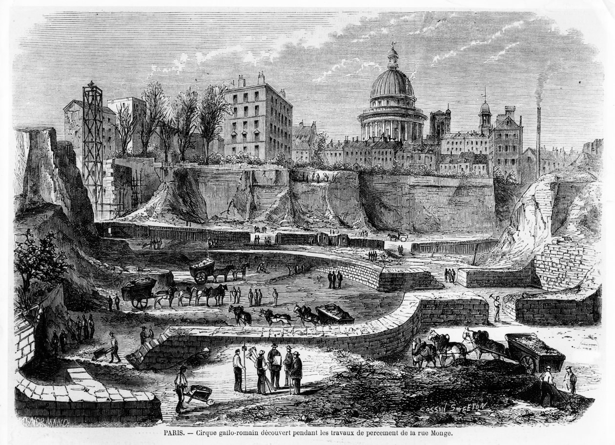 Upptäckten av den gallo-romerska amfiteatern i Paris under byggnadsarbetet på rue Monge 1869, 1870 av French School
