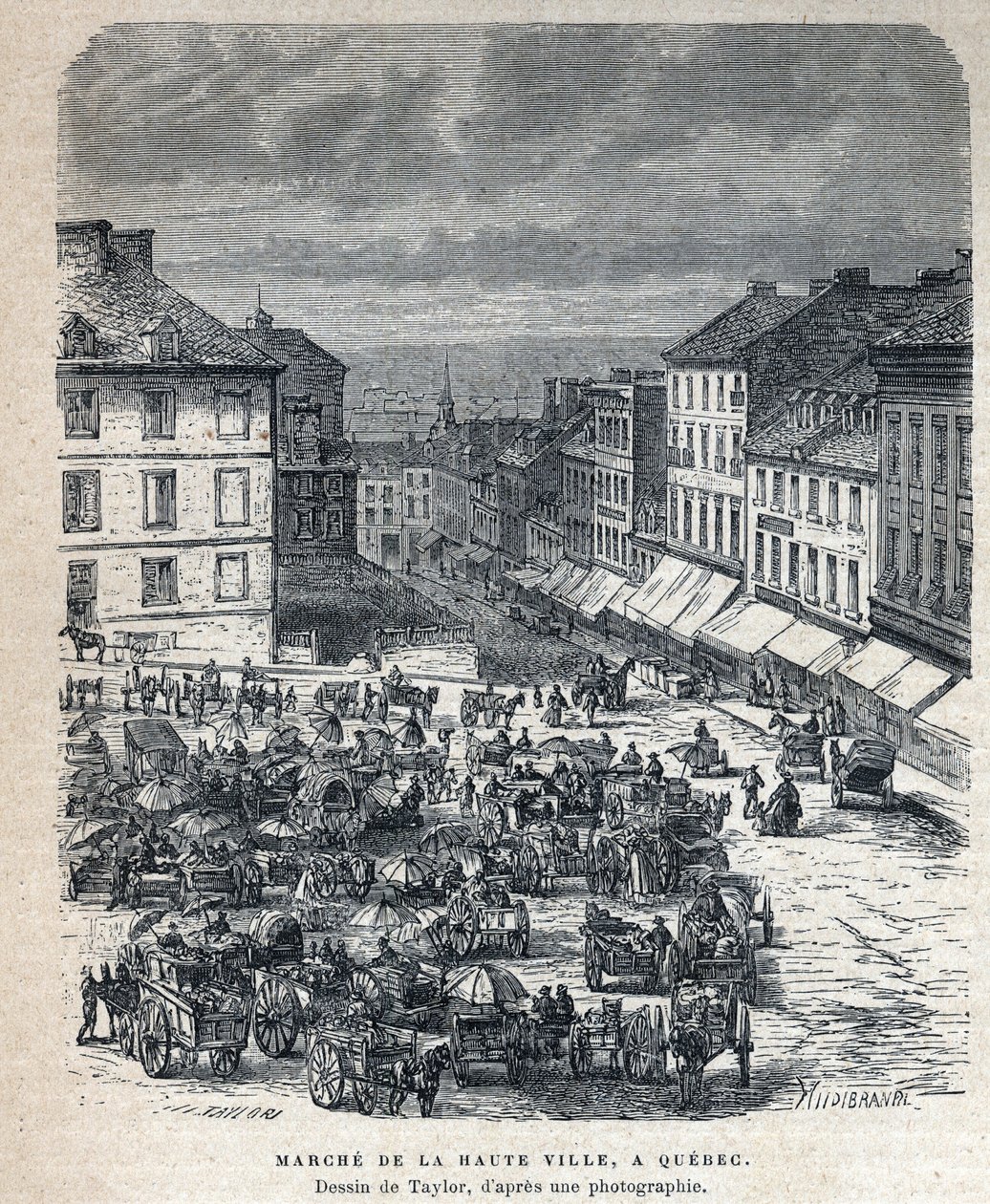 Disouverte du Canada: marschera från den övre staden (Upper City eller Upper City) till Quebec. Teckning av Taylor från ett fotografi. Gravyr från slutet av 1800-talet i "La nouvelle France" av Eugene Guenin. av French School