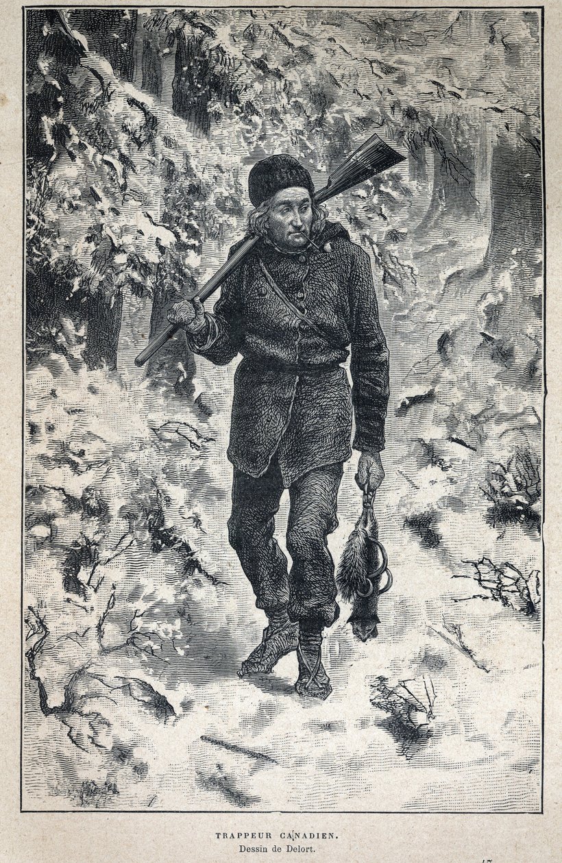 Disouverte du Canada: porträtt av en kanadensisk fångst i skogen. Gravyr från slutet av 1800-talet i "La nouvelle France" av Eugene Guenin. av French School