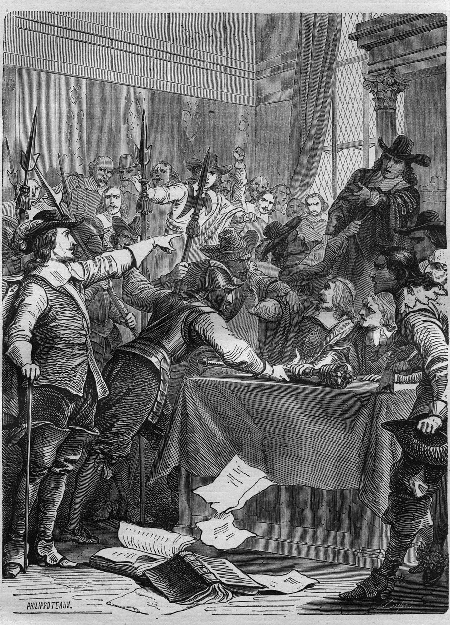 Upplösning av parlamentet av Oliver Cromwell (1599-1658) brittisk militär och politiker som styrde England. Gravyr i "" Påvarnas historia (...) Drottningkungens och kejsarnas brott genom århundradena" av Maurice Lachatre av French School
